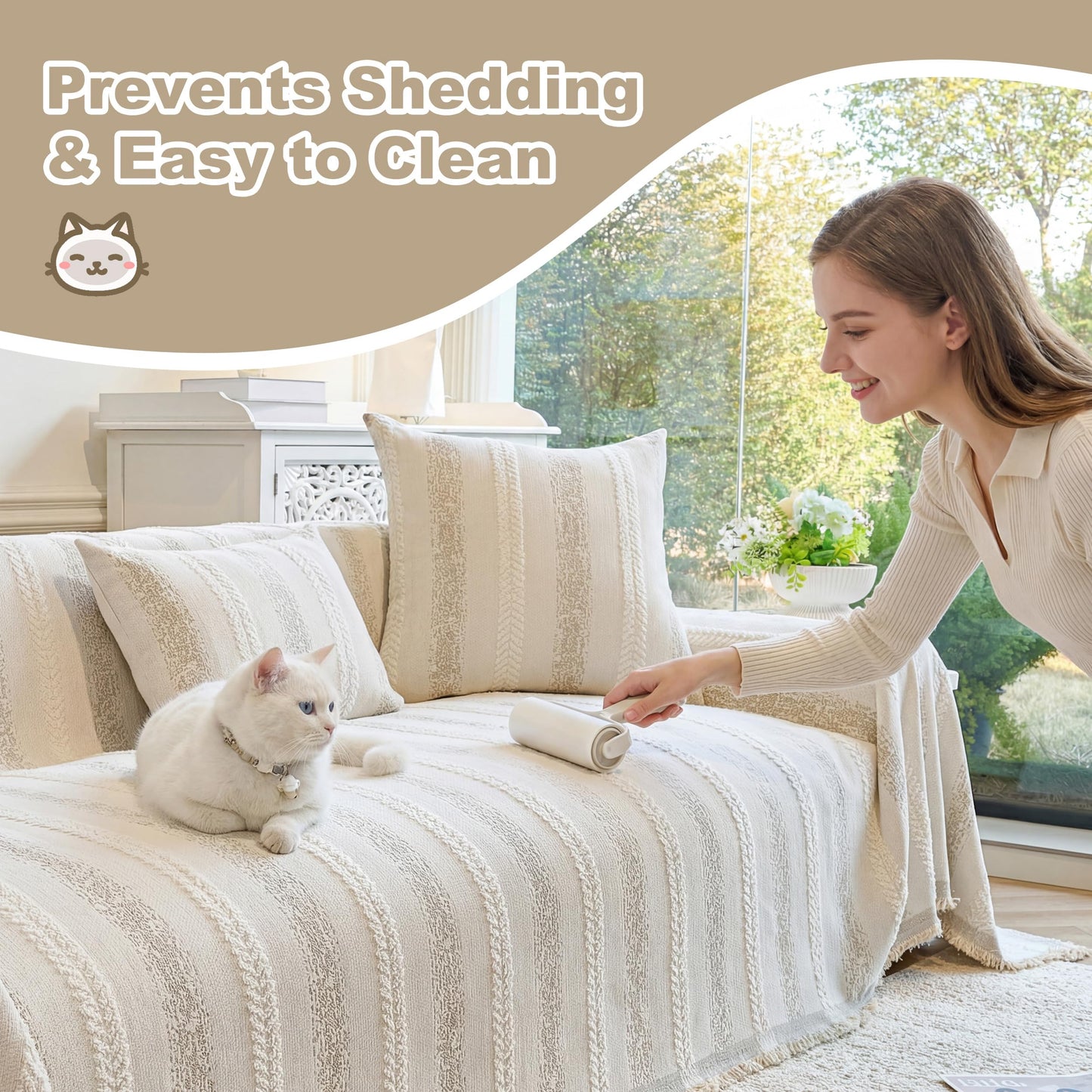 Fuyulacom Couch Cover for Dogs Washable Sofa Cover, Sectional Couch Covers, Sofa Covers for 2 Cushion Couch, Non Slip Stripe Sofa Slipcovers Furniture Protector (Beige, 71x102)