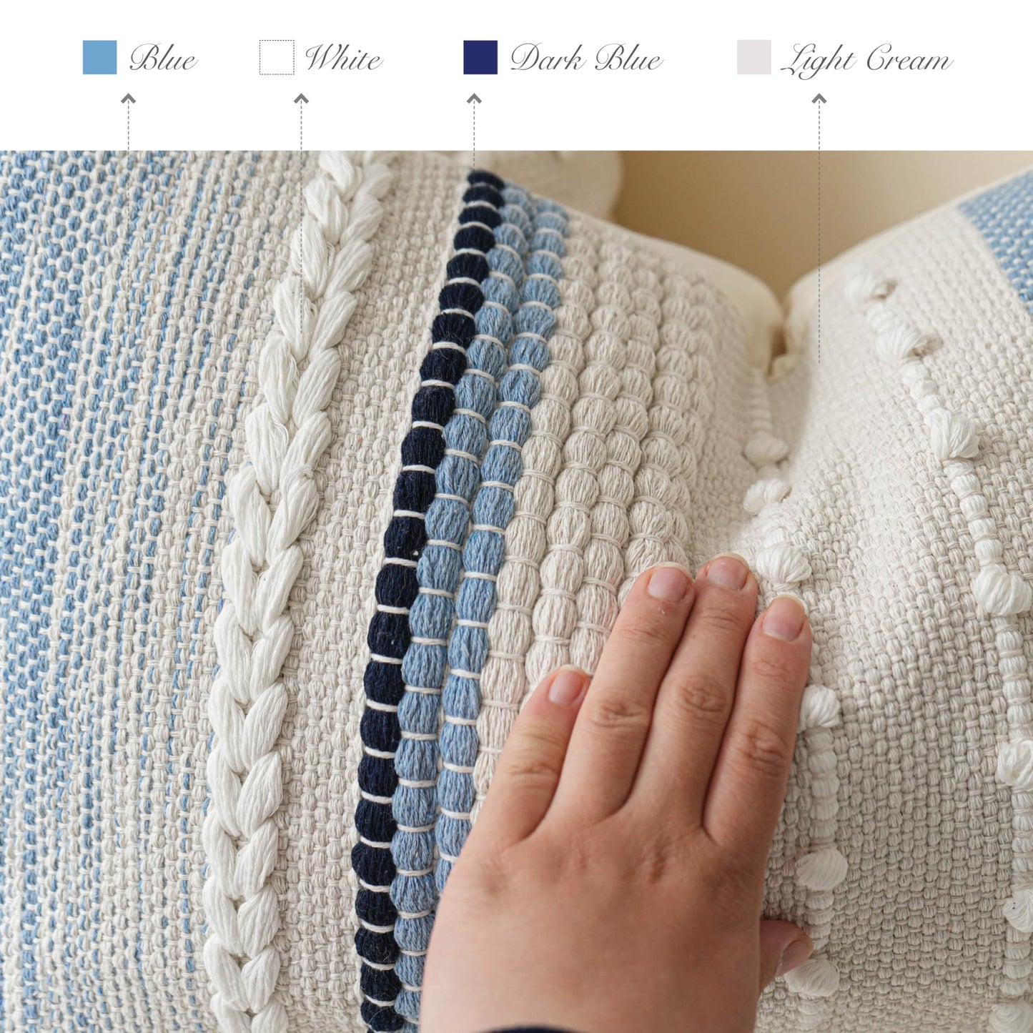 BlissBlush Coastal Blue Boho Decorative Throw Pillow Cover 22x22 Modern Bohemian Accent Pillow Case Square Woven Textured Farmhouse Pillows for Couch Bed (Pack of 1)
