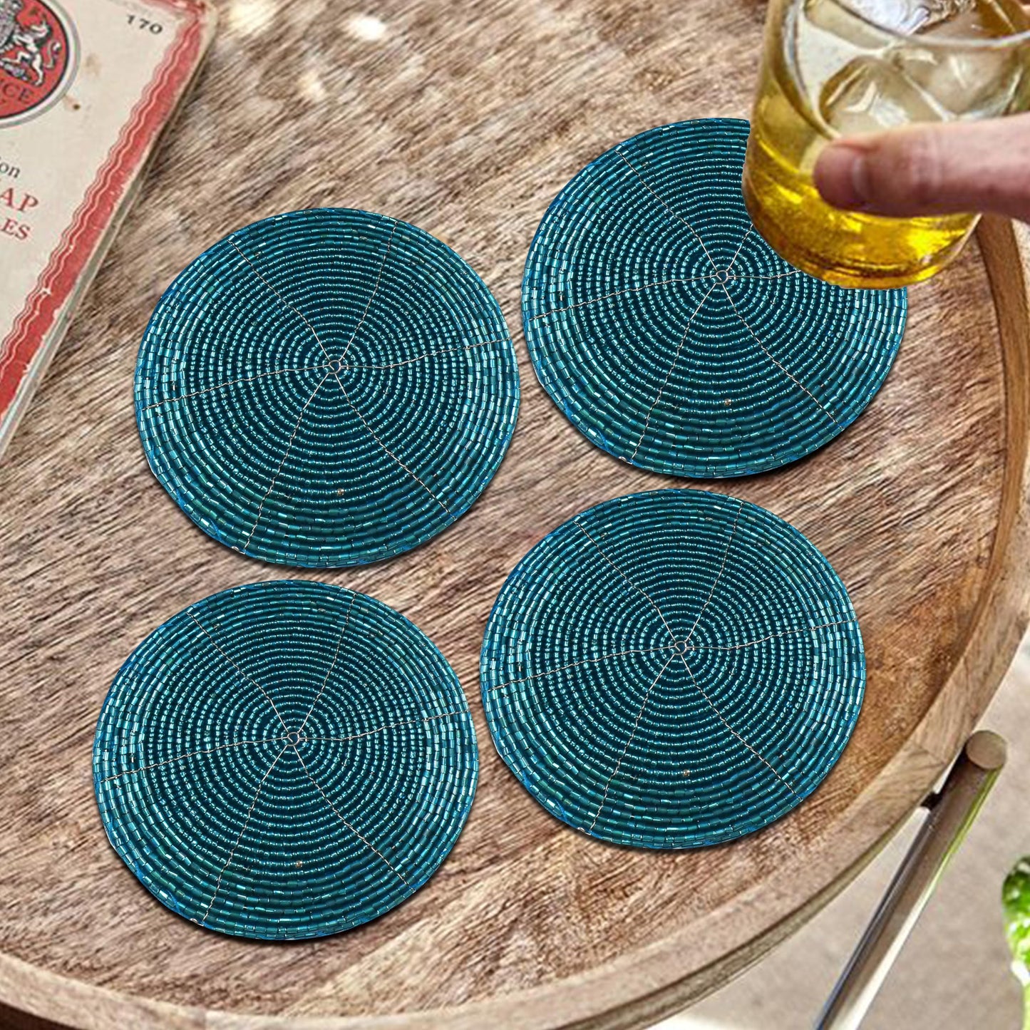 Handmade Beaded Coasters Set of 6, Teal Blue Circular Pattern Decorative Drink Coasters for Coffee Table, Dining Room Table, Wedding Party, Birthday Gift - 4 Inch - Teal