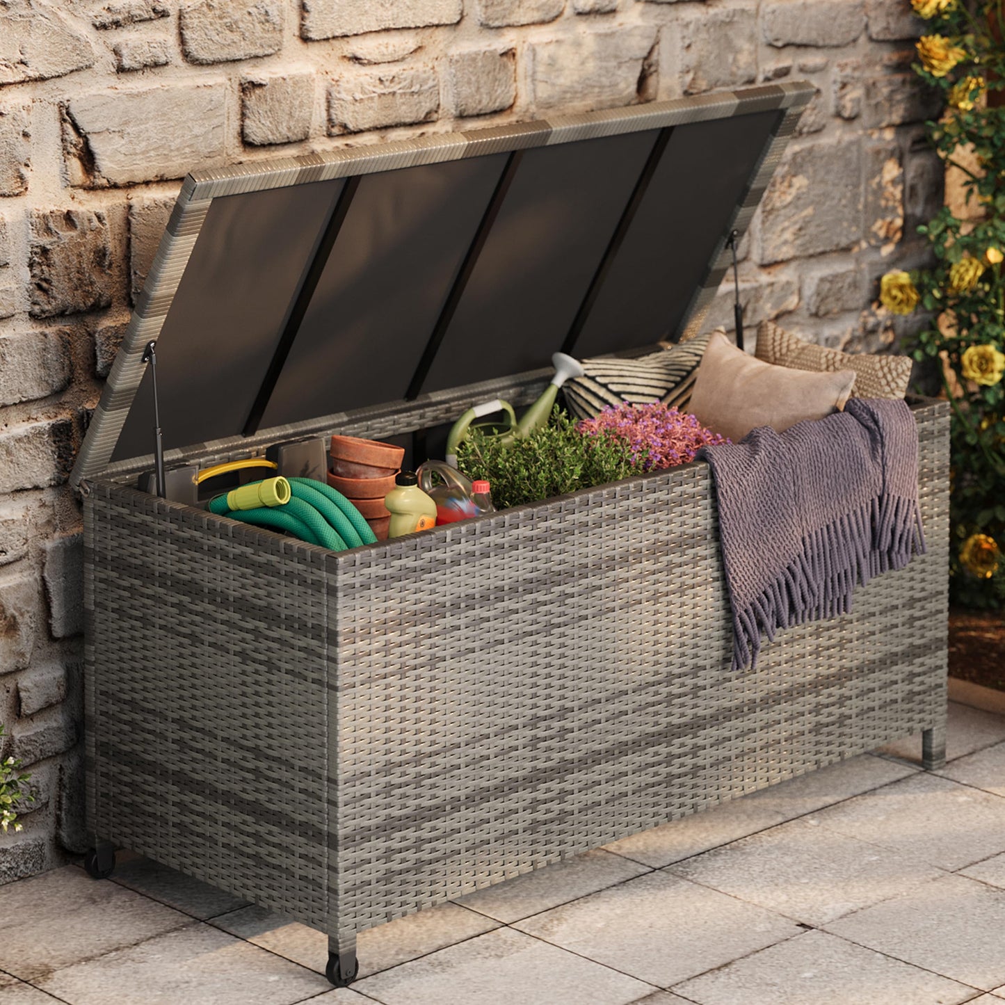 125 Gallon Large Deck Box Waterproof PE Rattan Outdoor Storage Box with Handles and Wheels, Storage Bin for Garden, Balcony, Porch, Pool, Yard