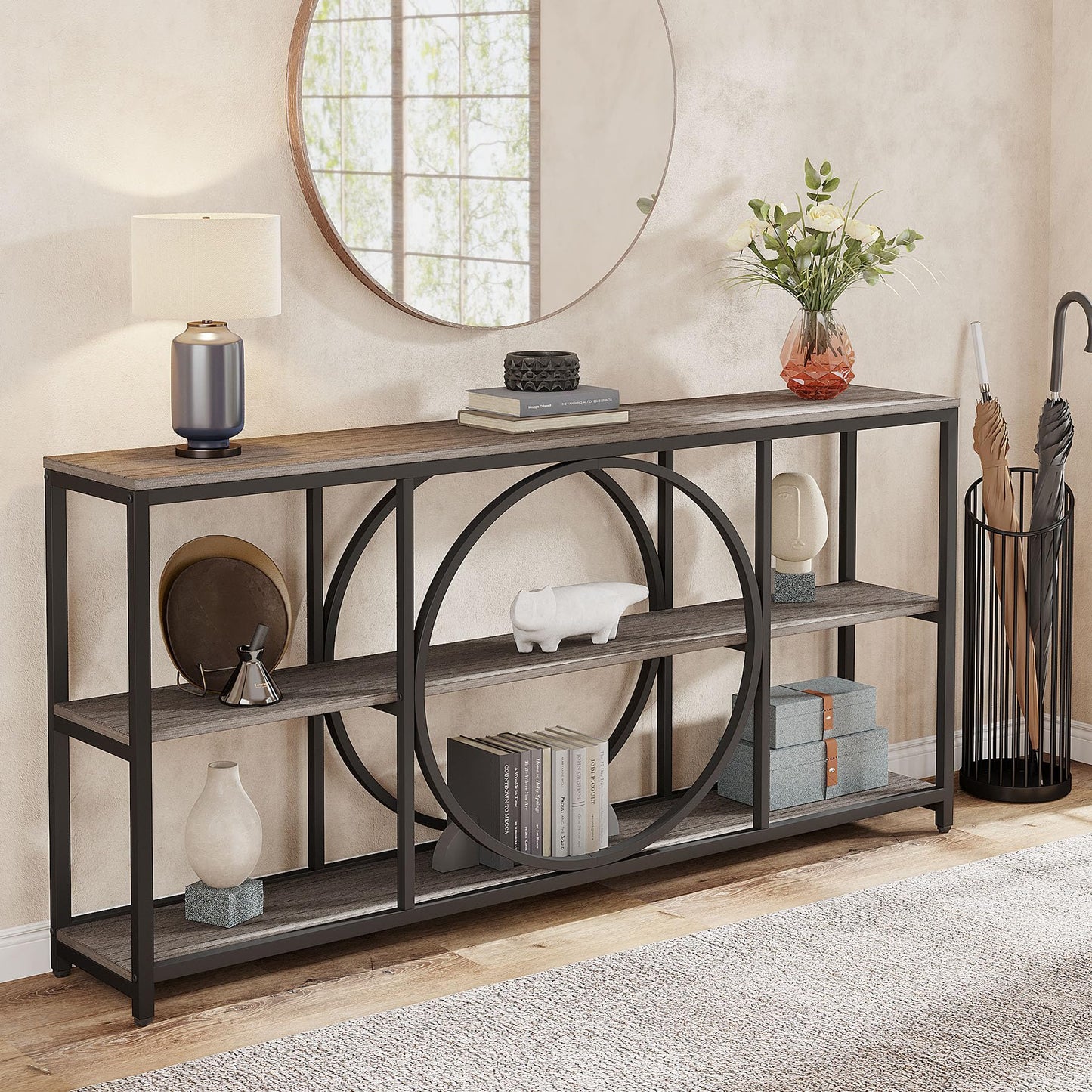 Tribesigns 70.9 inch Sofa Console Table, Extra Long Narrow Entryway Tables with 3 Tier Wood Storage Shelves Metal Frame for Foyer Hallway Living Room Behind Couch, Black Rustic Gray