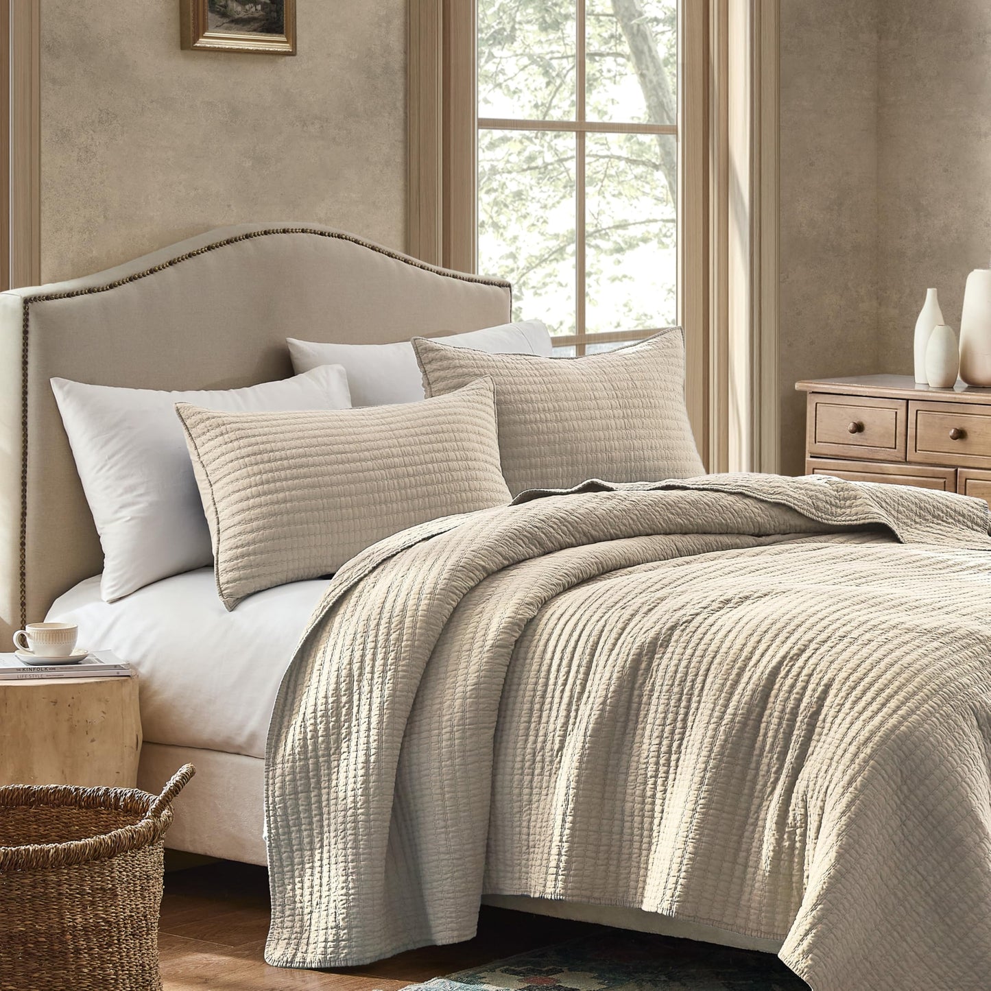 WDCOZY 100% Cotton Queen Size Quilt Set - Beige Neutral Striped Pick Stitch Soft Lightweight Bedspread, Textured Like Linen, Farmhouse Country Rustic Coverlet, Shabby Chic Gauze Bedding, 3 Pieces