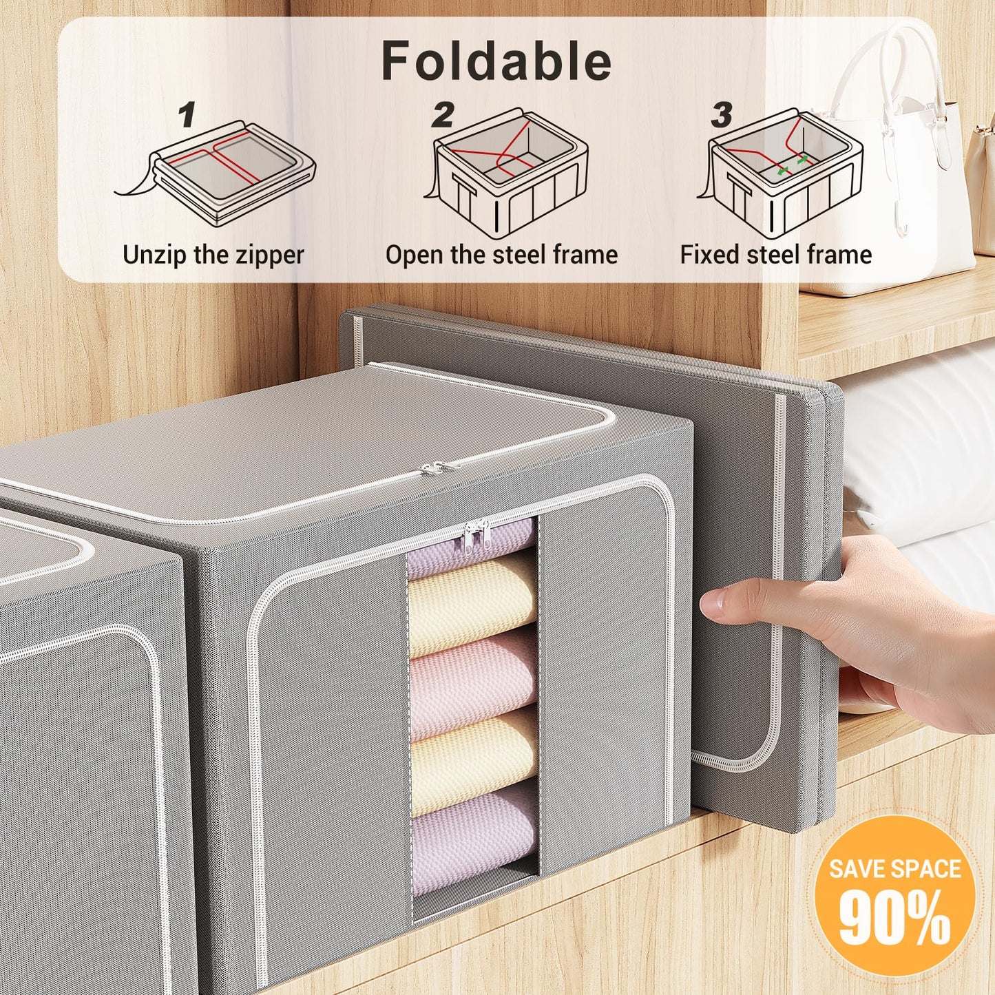 LeArex Clothes Storage Bins with Metal Frame Foldable Storage Box Clothes Organizers Storage Containers for Clothes Sheets Blankets Books Toys Gifts and Holiday Decorations (100Lx3 Pack)
