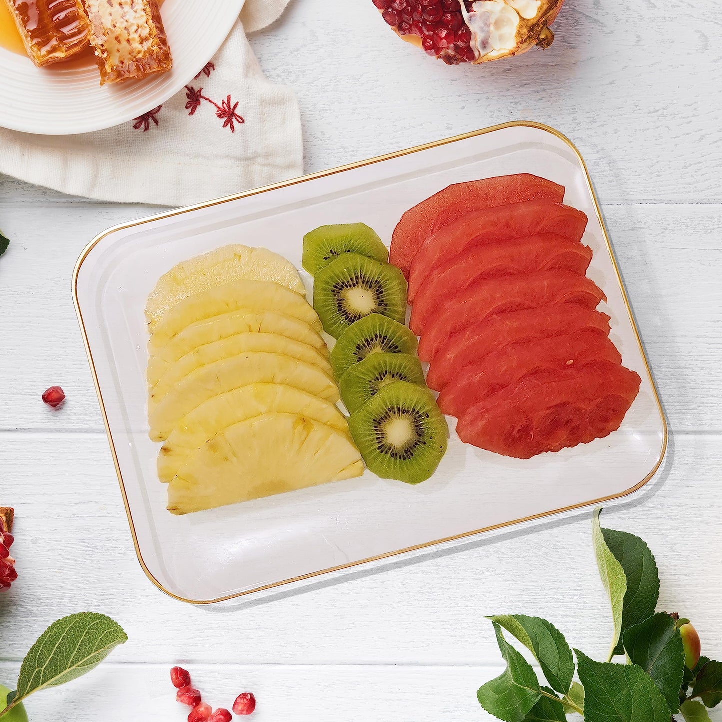 3 Pack Plastic Serving Trays for Party - Gold Serving Tray 8 x 11 Inch - Heavy Duty Dessert Trays for Food - Rectangular Party Serving Trays for Entertaining - Clear Cookie Platters
