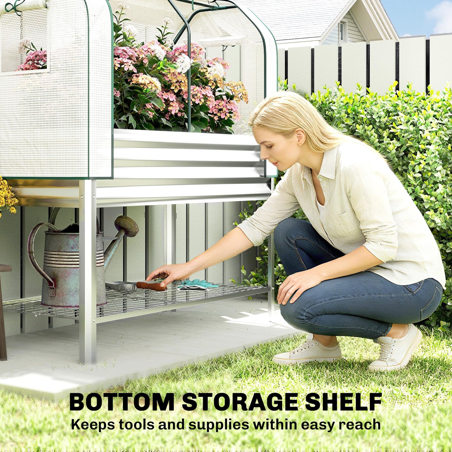 Outsunny Galvanised Raised Garden Bed with Greenhouse Cover, Metal Elevated Garden Bed with Legs, Bed Liner and Bottom Shelf, Outdoor Raised Planter Box for Vegetables, Herbs, Flowers, Silver