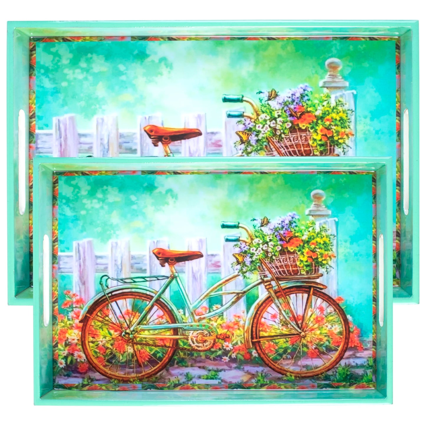 Crocon Wooden Serving Tray with Handles – Set of 2 Rectangular Trays – Cycle Print Decorative Trays for Coffee Table, Kitchen, and Home Décor