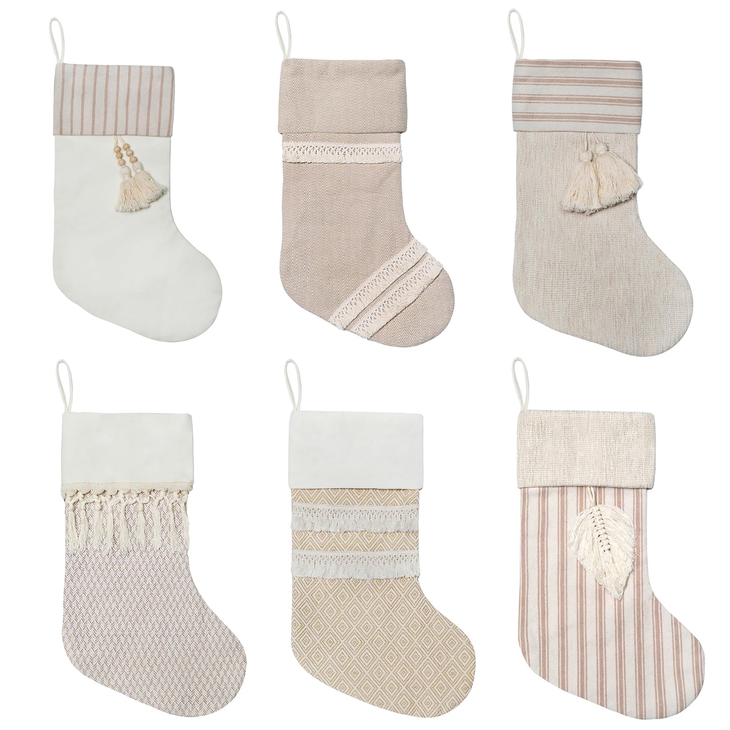 GEX Christmas Stockings 5 Pack for Family 20" Large Rustic Farmhouse Country Xmas Stockings with Tassels Hanging Ornament Decorations for Fireplace Xmas Season (Beige, Set of 5)