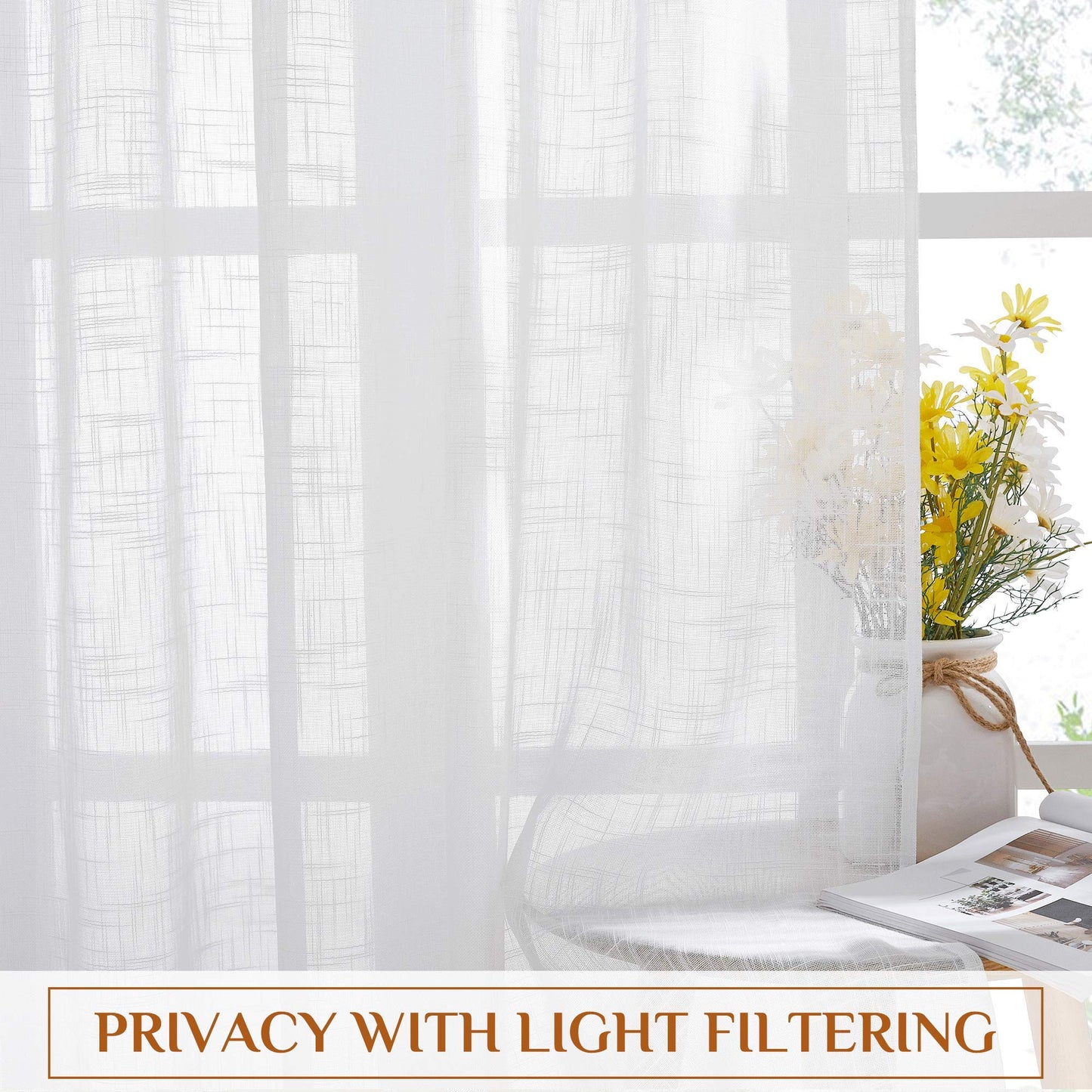 NICETOWN White Linen Sheer Curtains and Drapes 84 inches Long, Rod Pocket & Back Tab semitransparent with Light Through Vertical Window Treatments for Sliding Glass Door & Living Room, 52"W, Set of 2