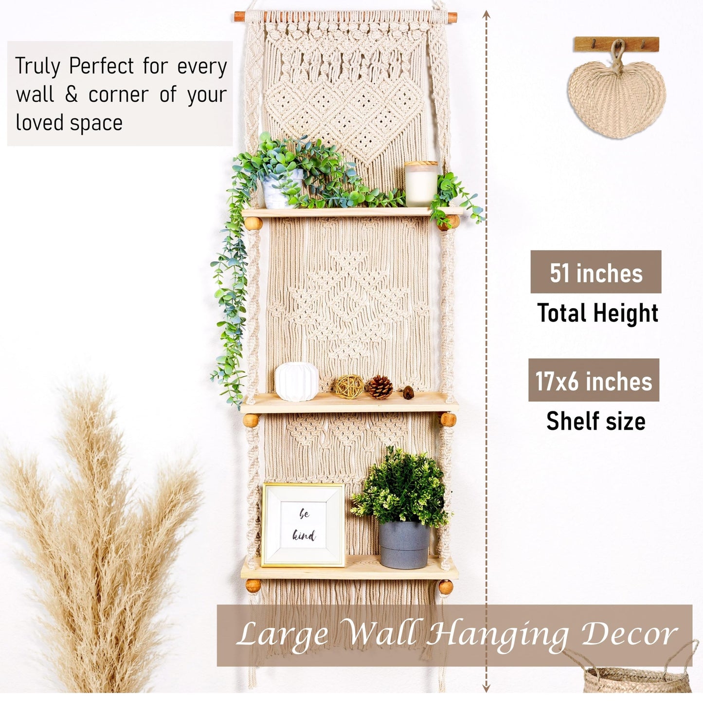 Induslyfe Macrame Wall Hanging Shelf 3 Tier Boho Wall Plant Hanger Shelves, Handmade of Woven Rope Boho Shelves Organizer for Living Room Bathroom Home Storage Floating Plant Rack Bohemian décor