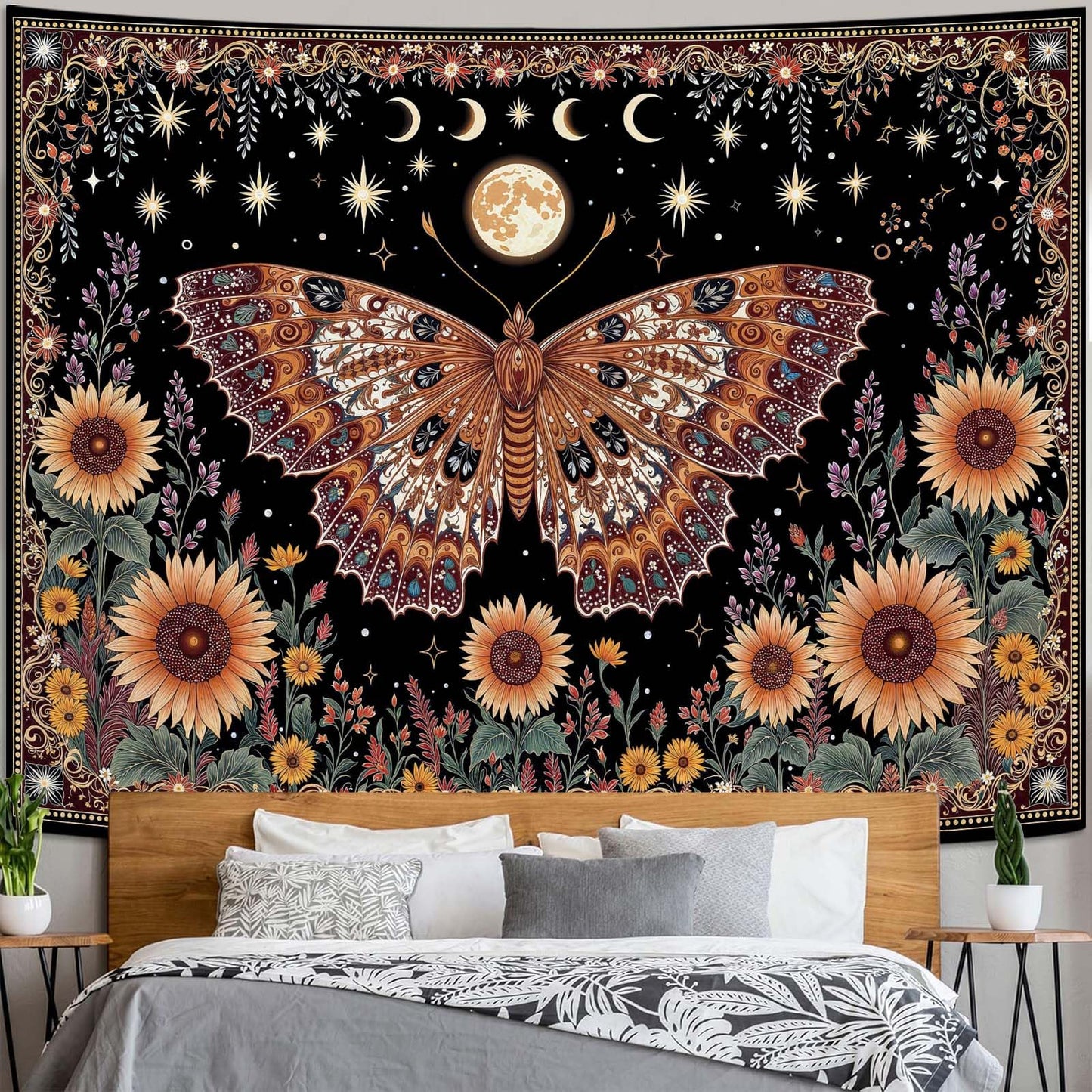 CKM-WOYIN Butterfly Tapestry Moon Star Retro Floral Sunflower Plant Tapestries for Bedroom Witchy Aesthetic Room Decor Tapestries Wall Hanging for Living Room, Bedroom, Dorm (60''×44'')
