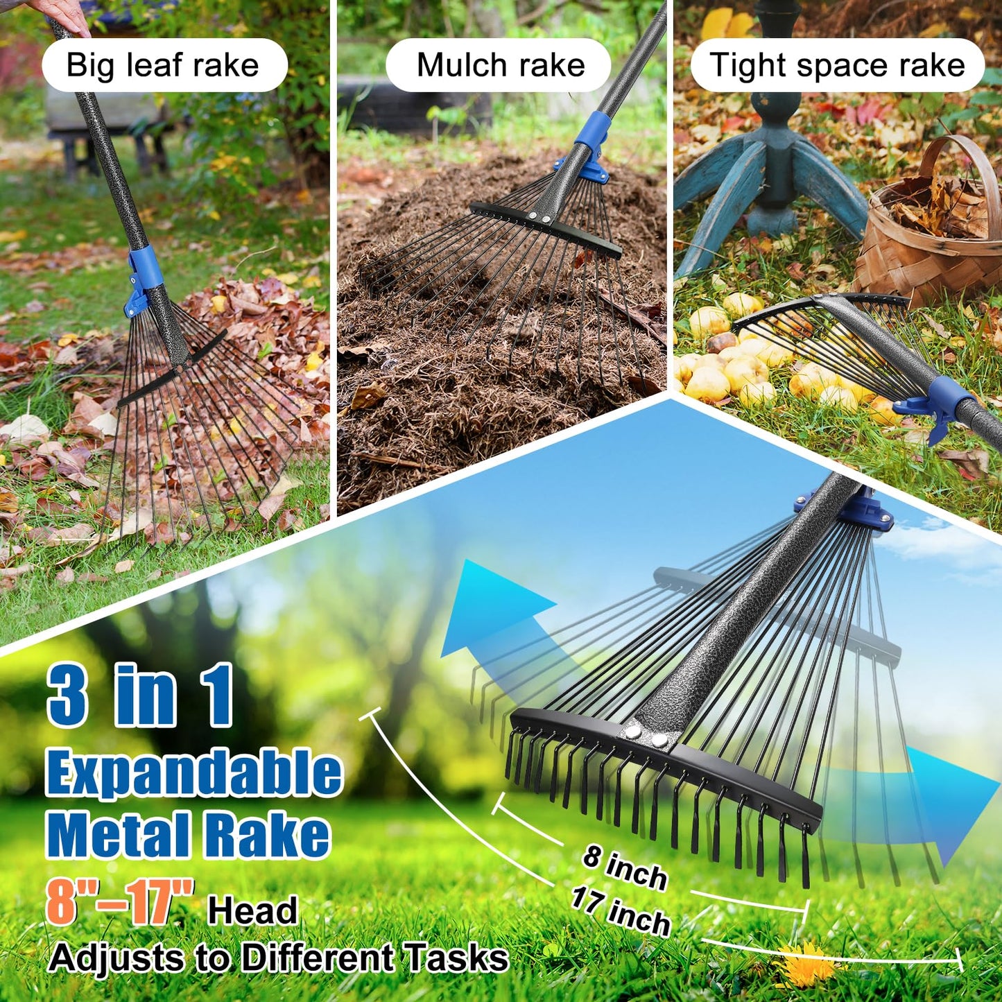 Rake for Leaves: Adjustable Metal Leaf Rake for Lawn, 8-17" Expandable Head, 45” Long Handle,Collapsible Heavy Duty Women Kids Garden Rakes for Yard Pine Needles Mulch Grass Debris Gardening Camping