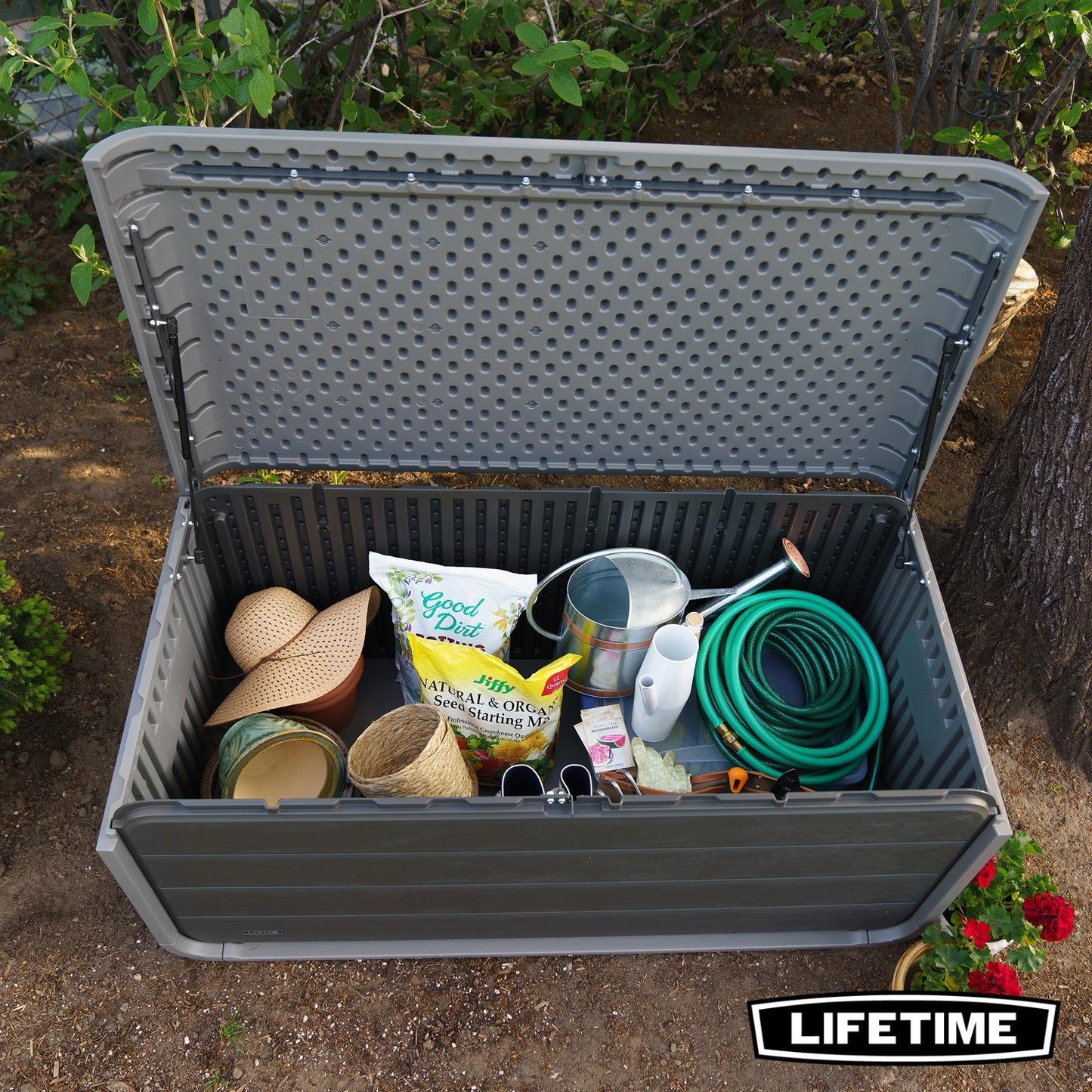 LIFETIME 136‑Gallon Modern Deck Box, Outdoor Storage Container, Weather‑Resistant, UV‑Protected, Lockable Lid