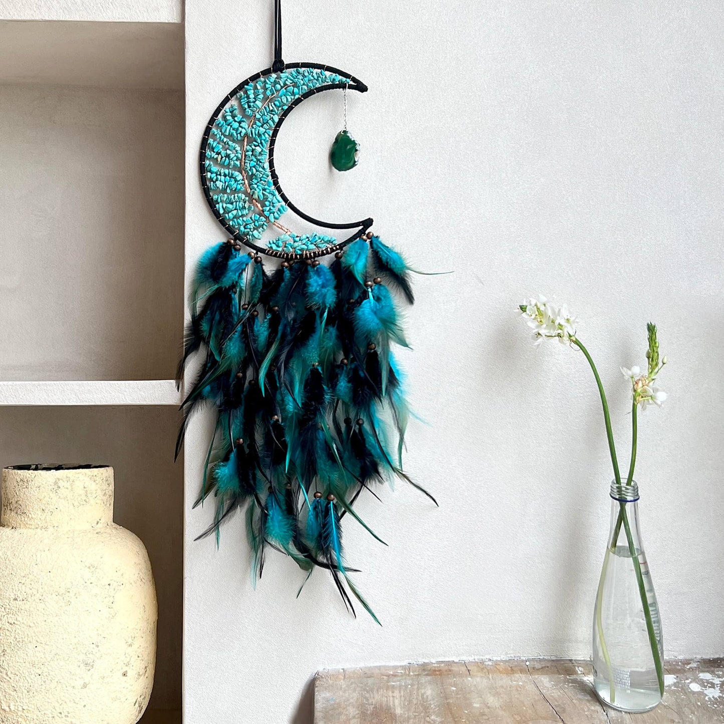 Moon Dream Catchers with Chakra Gemstone Agate Stone, Crystal Tree Life Dream Catchers Wall Hangings Room Decor (Green)