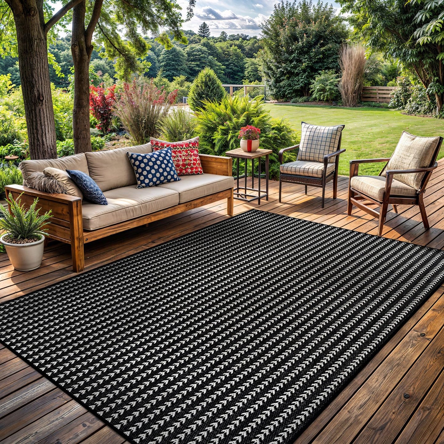 Washable Outdoor Rug 6x9 Modern Area Rugs Outdoor Carpets Striped Pattern Non Shedding Waterproof Easy Clean Patio Deck Porch Living Room Bedroom Garden RV (6 X 9 Black)