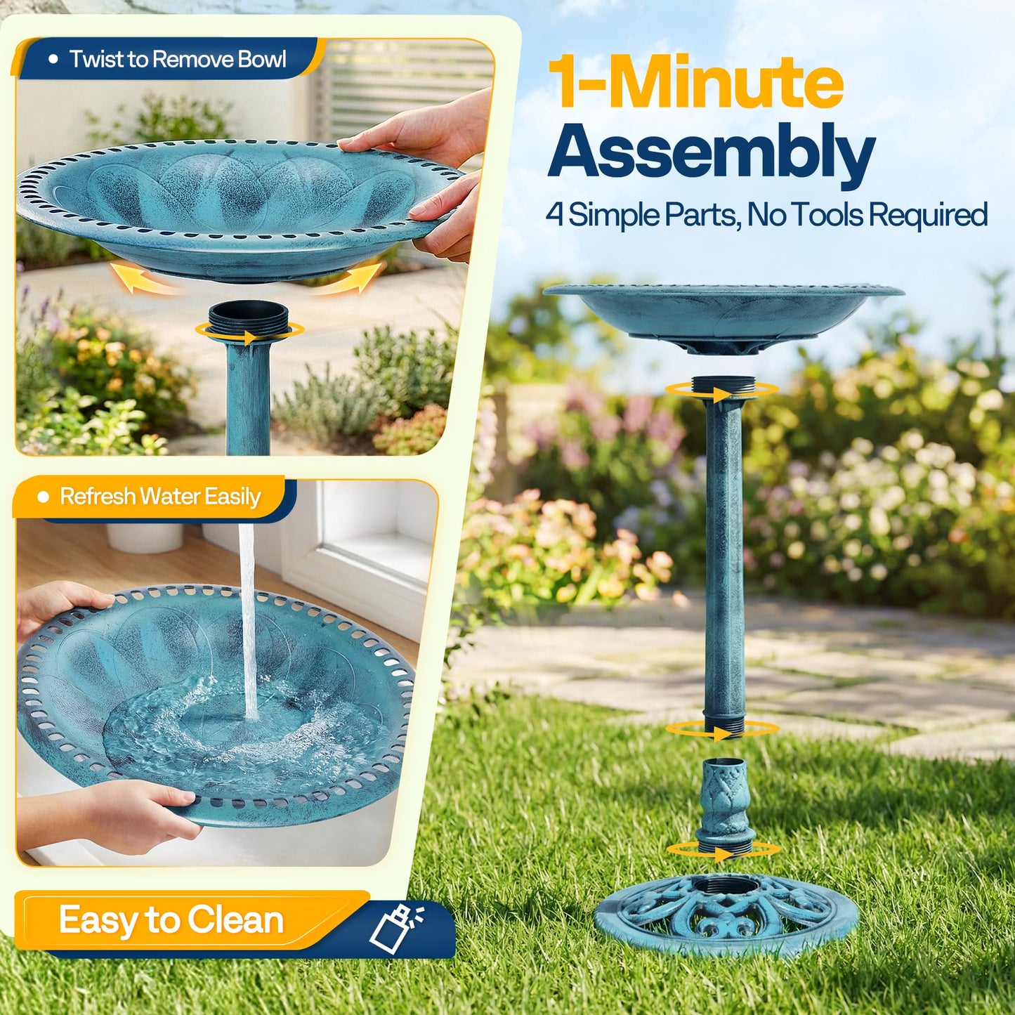 VIVOHOME Bird Bath with Solar Fountain for Outside, Polyresin Pedestal Bird Baths with Solar Powered Pump for Outdoor, Garden, Weather-Resistant Birdbaths with 20" Bowl, Blue