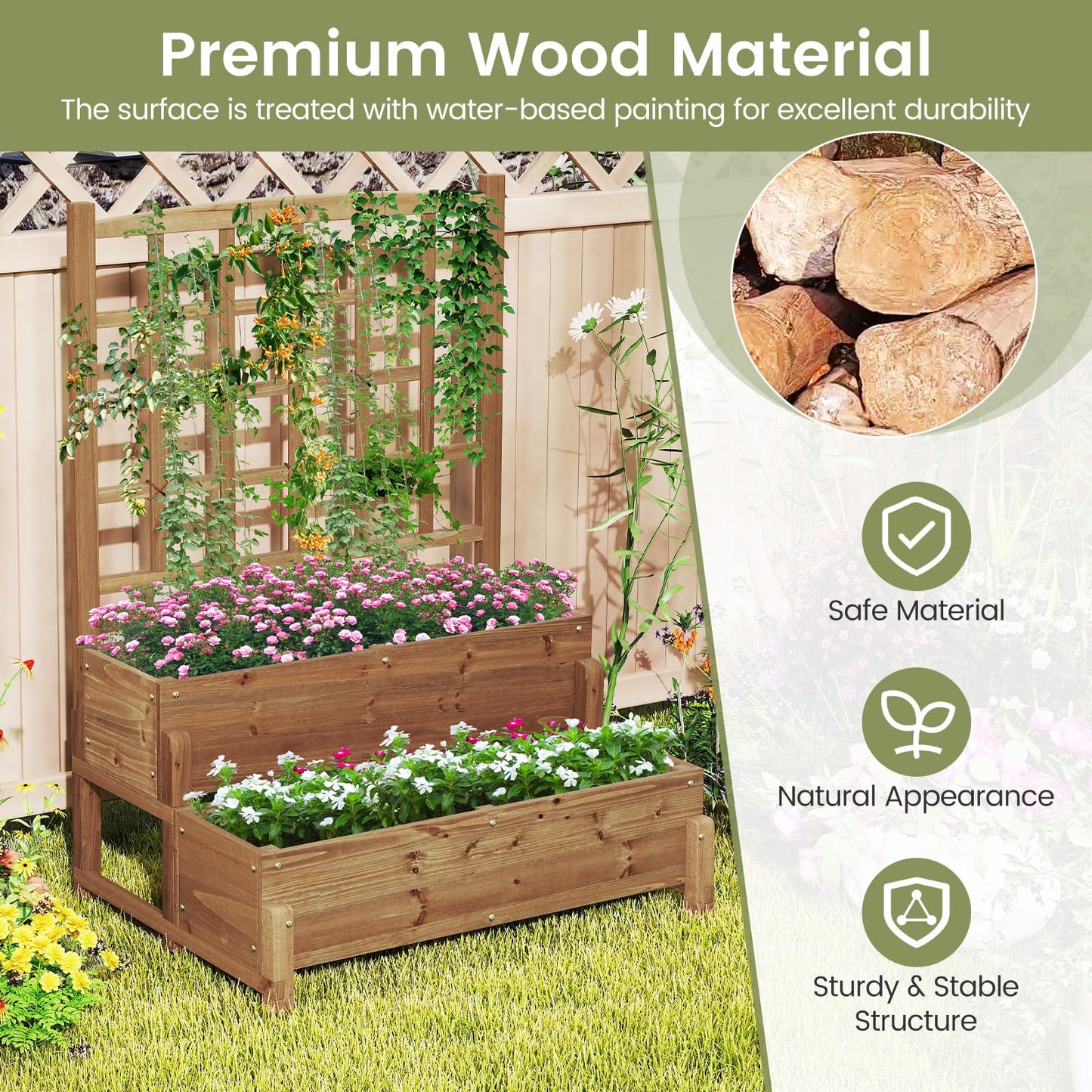 Toolsempire 2-Tier Raised Garden Bed with Trellis, Wooden Elevated Planter Box with Legs, Hemp Rope & Drainage Holes, Raised Plant Bed for Backyard, Garden, Lawn