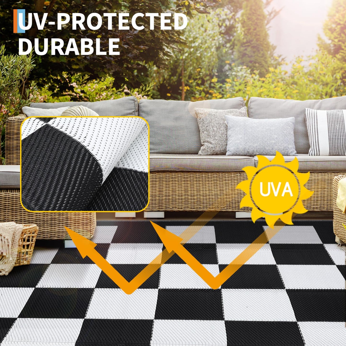 Jojoka Large Waterproof Outdoor Rug, Reversible Plastic Straw Mat, Modern Checkered Plaid Carpet, UV-Resistant & Collapsible for Patio Deck Camping, Easy Clean Outdoor Area Rug