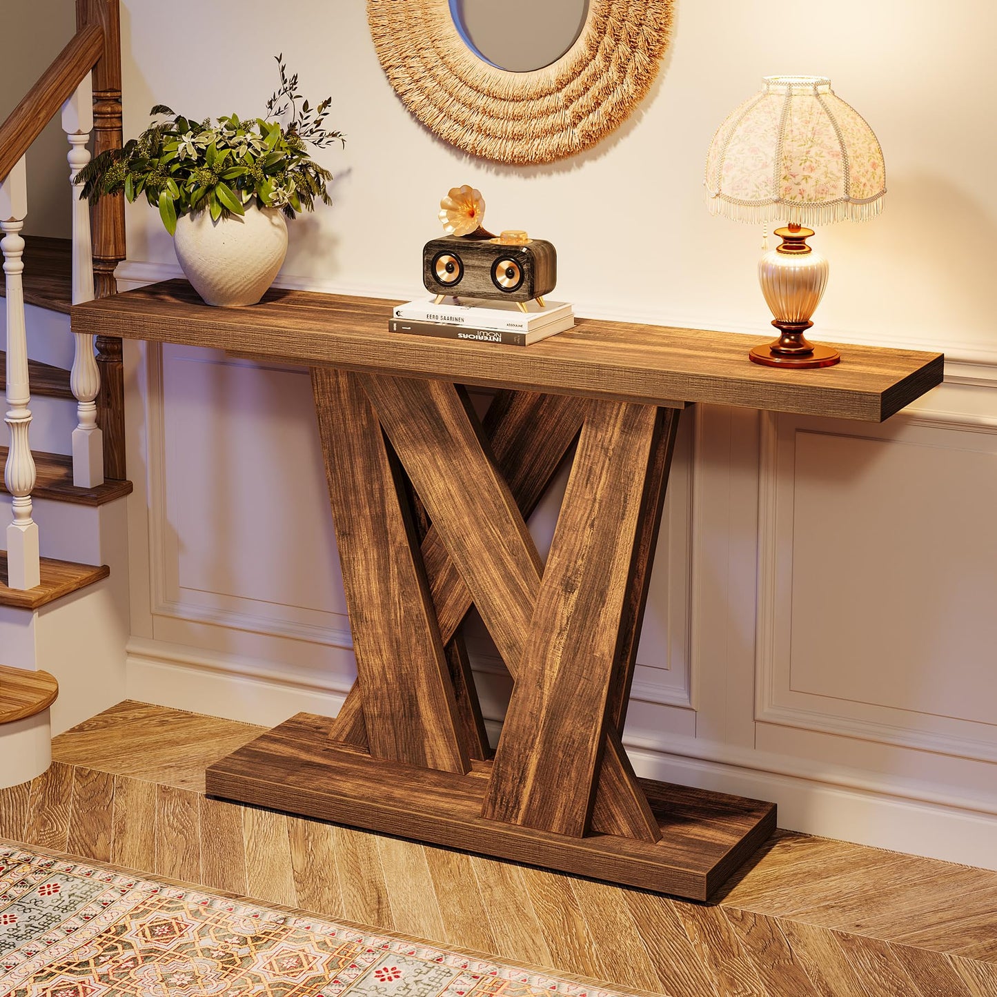 Tribesigns 55-Inch Farmhouse Console Table, Farmhouse Behind The Couch Table TV Stand with Geometric Base, Skinny Sofa Table Entryway Table for Entrance, Living Room, Hallway, Foyer, Rustic Brown
