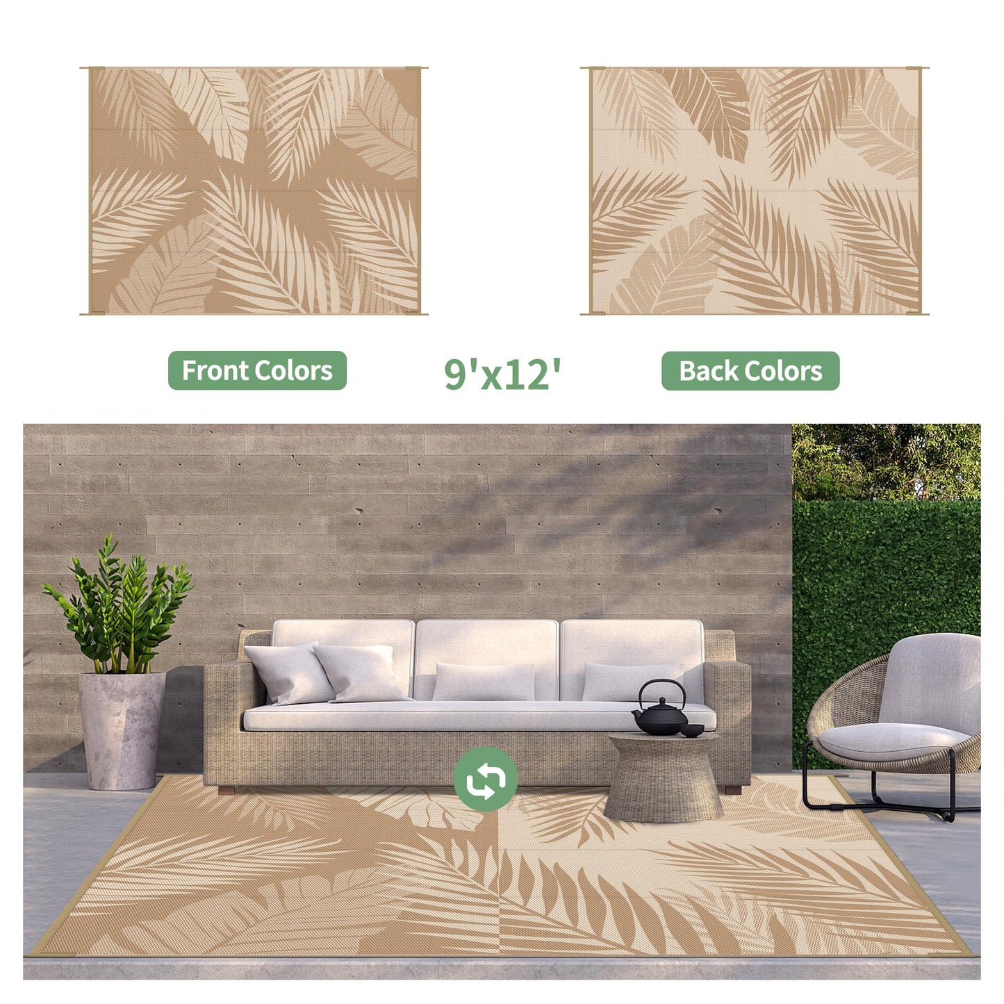 GENIMO Outdoor Rug 9' x 12' Waterproof for Patios Clearance, Reversible Outdoor Plastic Straw Camping Rug Carpet, Large Area Rugs Mats for RV, Camper, Deck, Balcony, Porch, Beach, Picnic, Brown&Beige