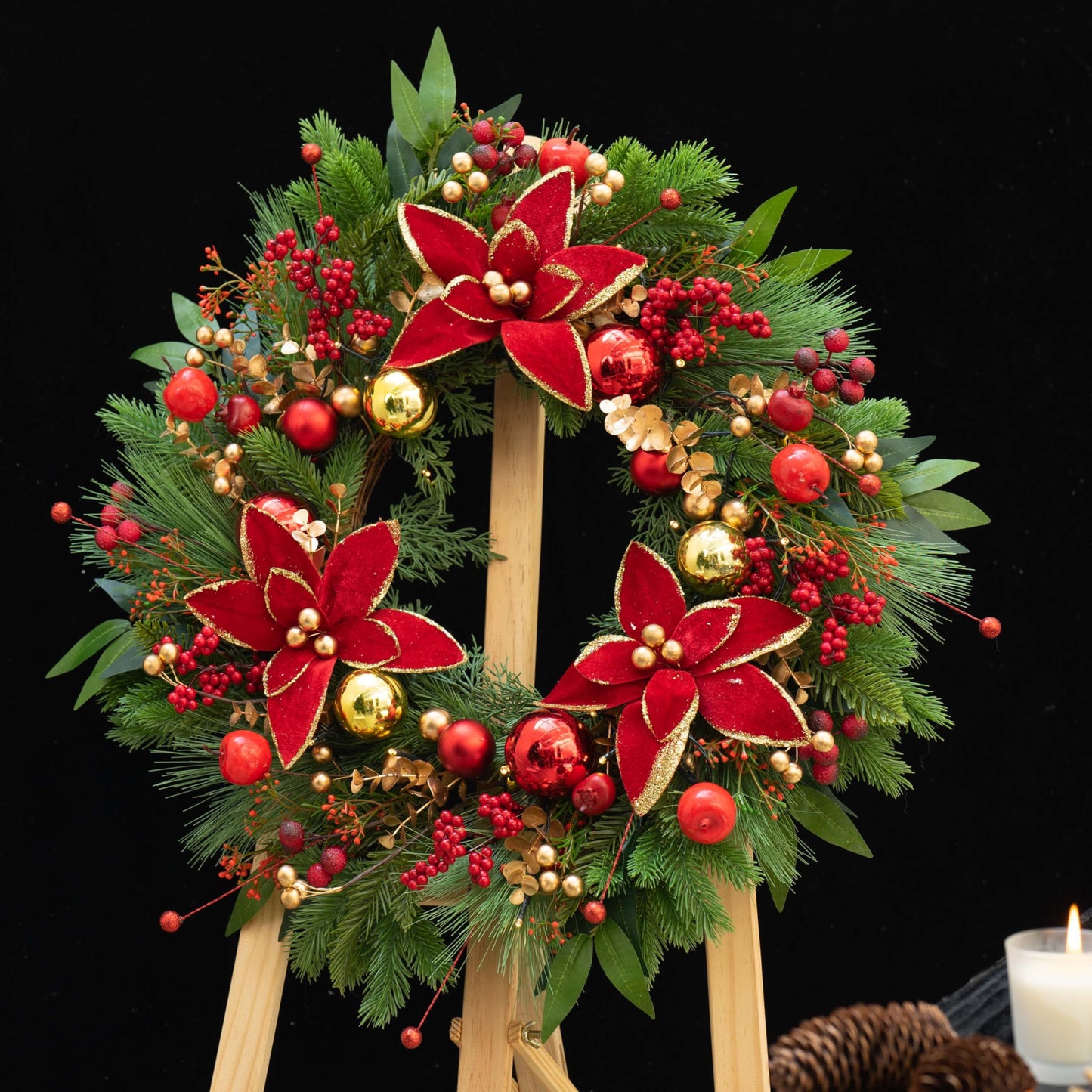 Christmas Wreaths for Front Door- 24 Inch Outdoor Prelit Christmas Door Wreath with Lights, Lighted Xmas Wreath with Poinsettia Flowers,Red Berries,Golden Ball- Home Christmas Decorations