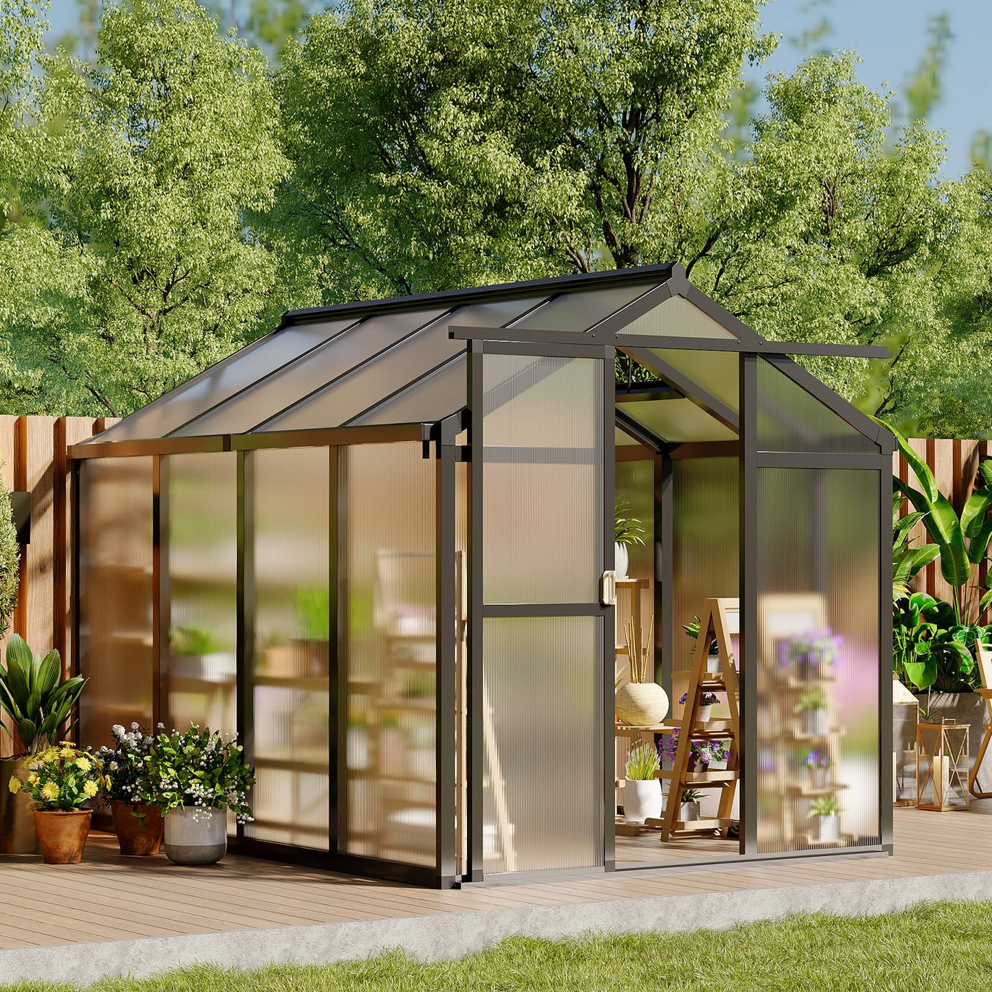 6X8FT Greenhouse, Aluminum Polycarbonate Green House, Green Houses for Outside with Sliding Doors, Ourdoor Greenhouse with Ajustable Roof Vent, Withstands Bad Weather for Garden, or Backyard, Black