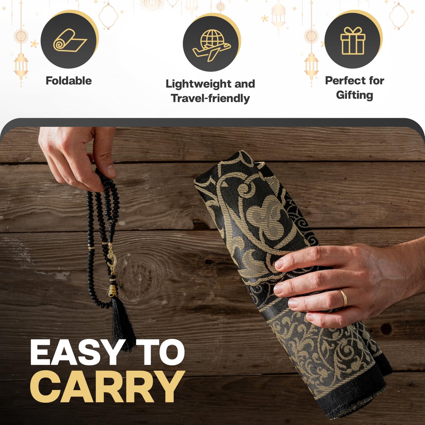 SUMELA Muslim Prayer Rug with Islam Prayer Beads - Travel Prayer Mat, Islamic Gifts for Women, Portable Prayer Matt Islam, Islamic Prayer Rug Islam Men Women, Praying Mat for Muslim Gifts, Black
