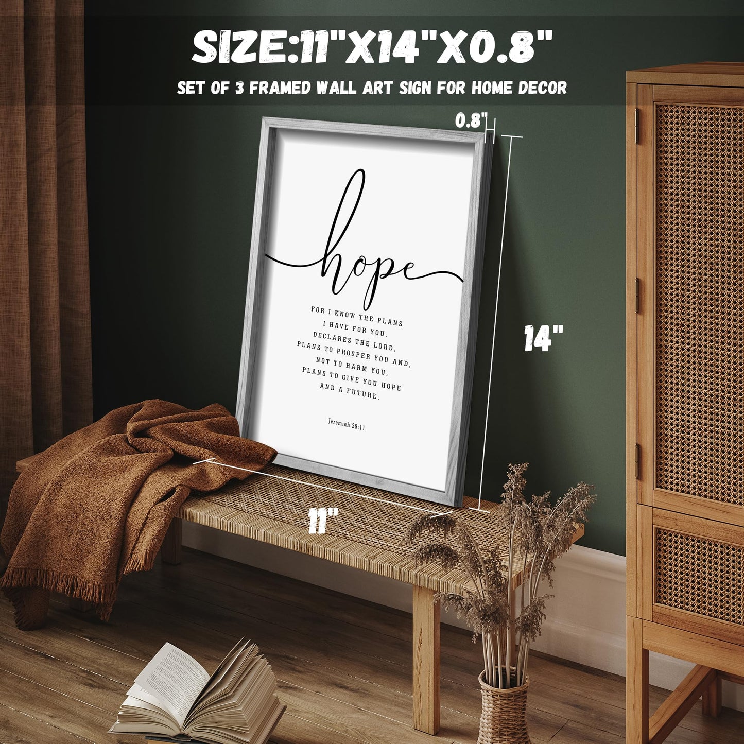 Houmury Set of 3 Framed Farmhouse Bible Verses Wall Decor Sign 11”x14” Christian Faith Scripture Wall Art for Home Living Room Bedroom Wall Decor (11"x14" Grey)