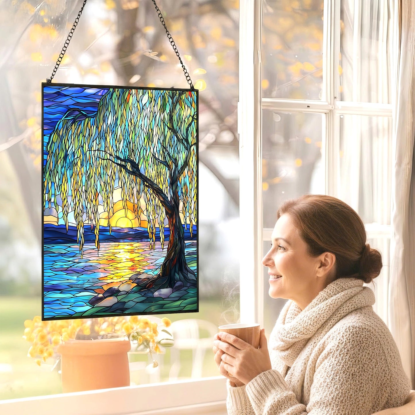 HYPESTYLE Customized Vertical Rectangle Willow Tree Suncatcher Stained Glass Window Hangings Sun Catchers Colorful Ornament Gifts for Women Mom Wife Christmas Halloween Housewarming