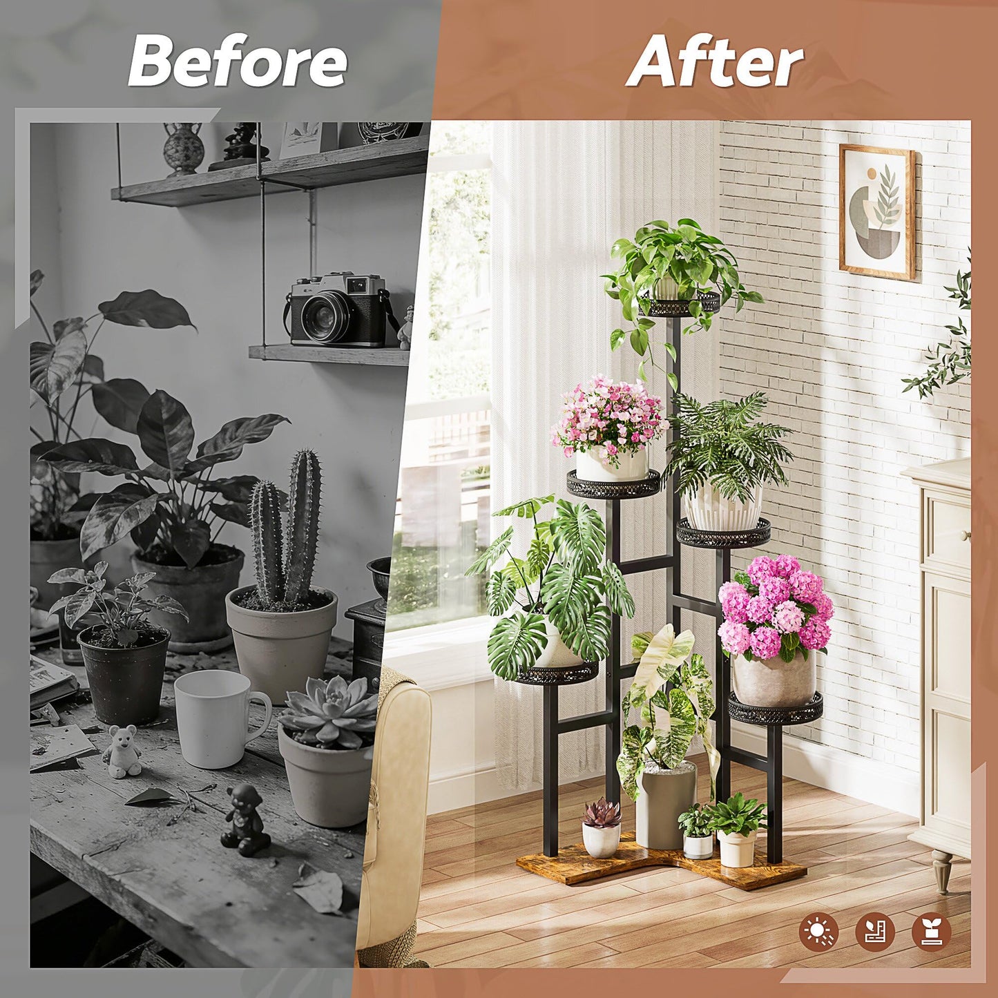 NQW Plant Stand 6 Tier Indoor Outdoor Metal Wood Flower Shelf Corner Flower Holders for Living Room Balcony Garden Patio