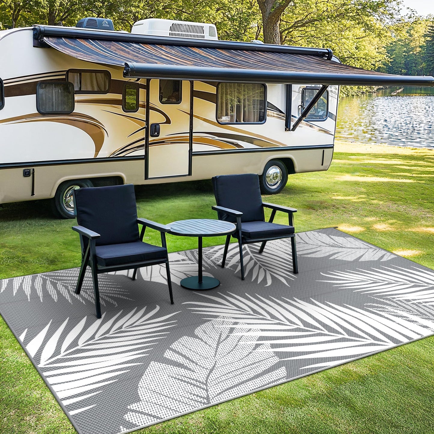 sarben Outdoor Rug 8’x10’ Waterproof for Patio Clearance, Reversible Indoor Outdoor Plastic Straw Camping Rug Carpet, RV Mat, Large Area Rug for Deck, Backyard, Balcony, Porch, Beach, Grey & White