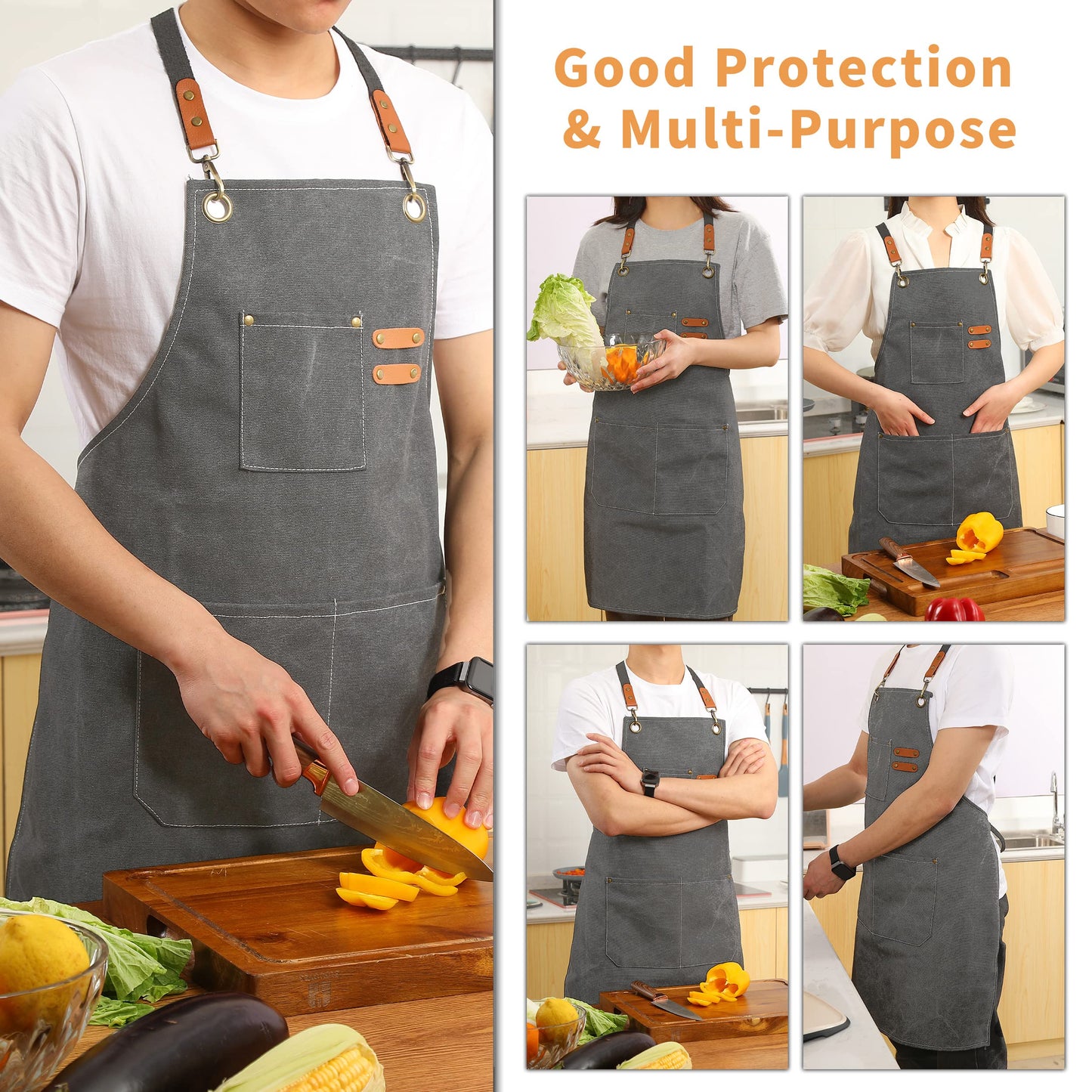 Tosewever 2 Pack Canvas Cross Back Chef Apron for Men Women with Pockets, Cotton Tool Aprons for Cooking Kitchen BBQ Artist (Grey, 2 Pack)