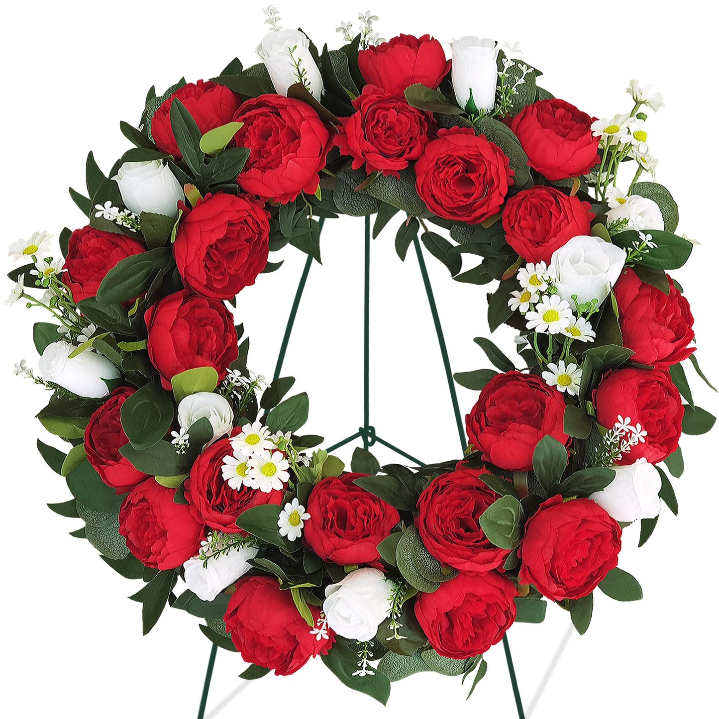 AILVEMEE Cemetery Wreaths for Graves,Christmas Wreath for Cemetery,Memorial Day Grave Wreath,Headstone Wreaths on Metal Stand,Spring Artificial Flower Wreath:Red Peony,White Rose