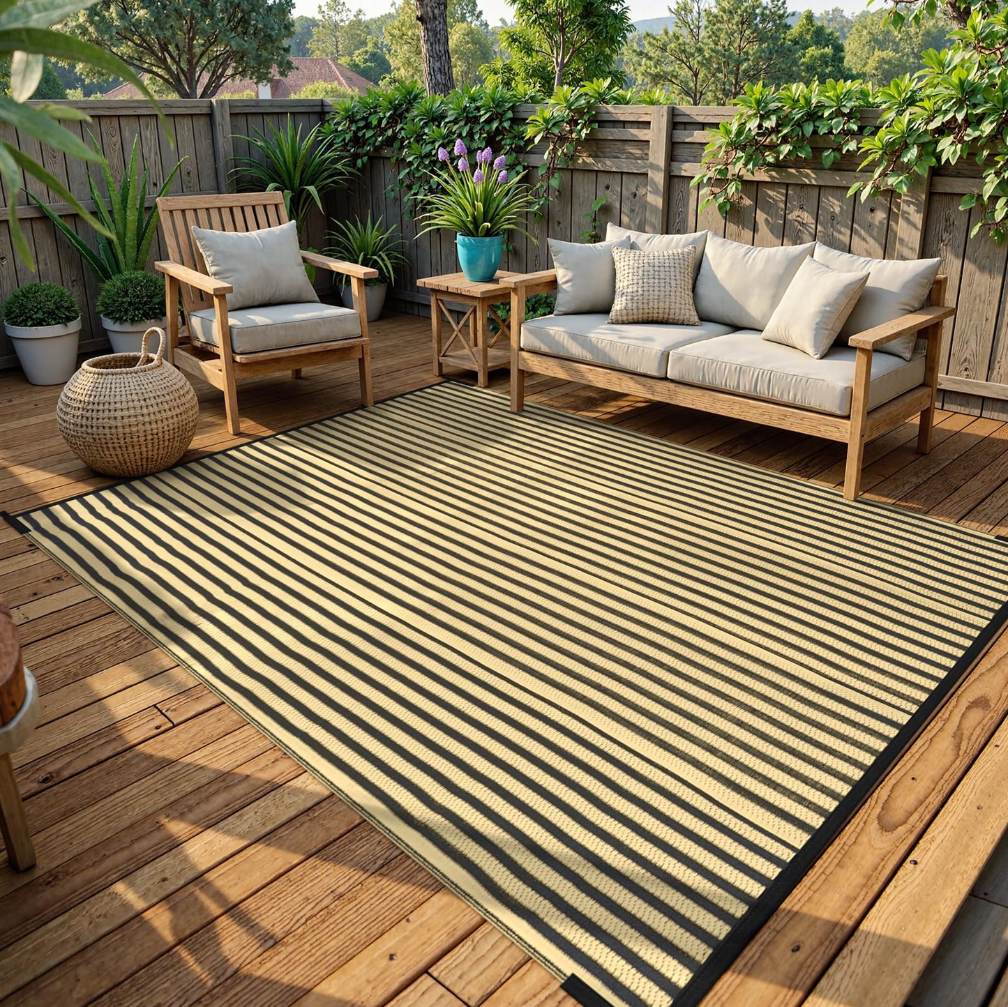 LEEVAN Waterproof Outdoor Rug 8x10 Black and Brown Patio Rug Clearance Large Plastic Straw Backyard Area Rug Striped Camping Outside Mat for Picnic, RV, Deck, Bench, Balcony