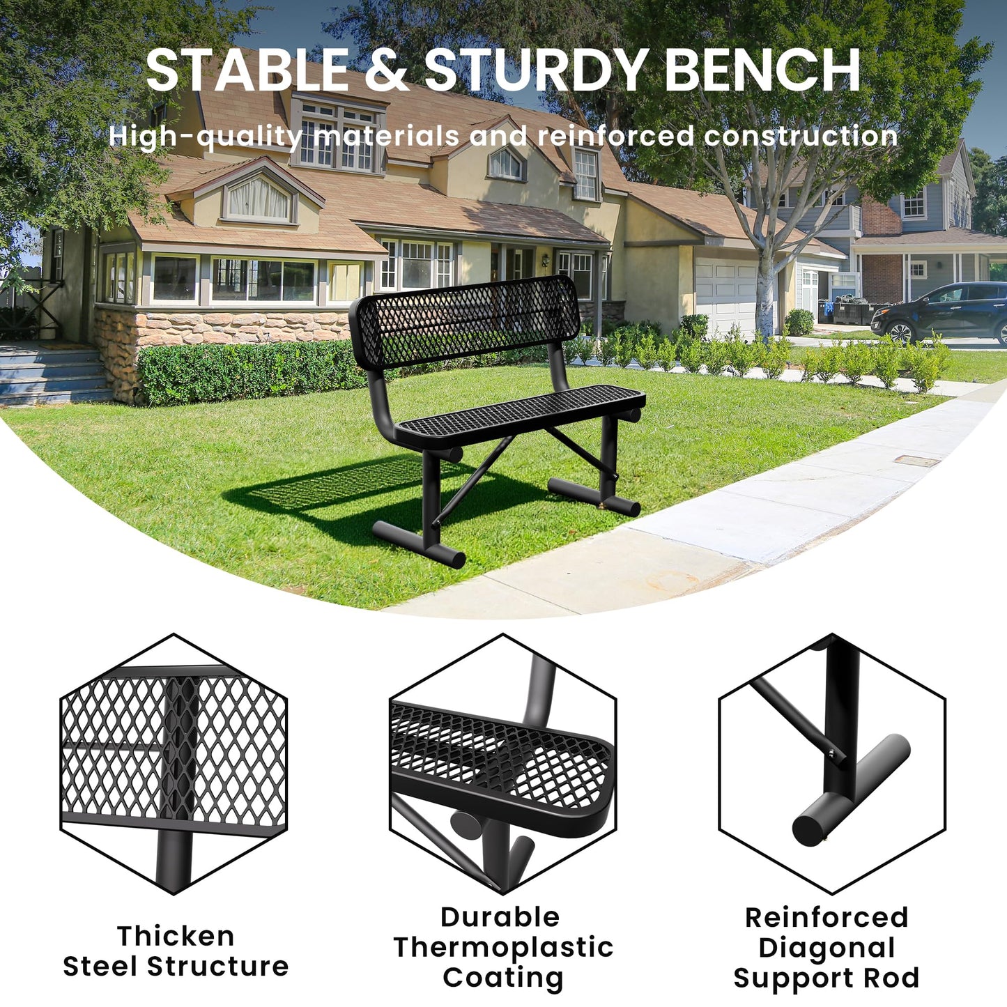 Sunnibety 4 Feet Heavy Duty Metal Park Bench for Outside, Outdoor Bench with Backrest & Portable Frame, Commercial Benches for Shopping Malls, Stores, Parks, Patios, Decks, Black