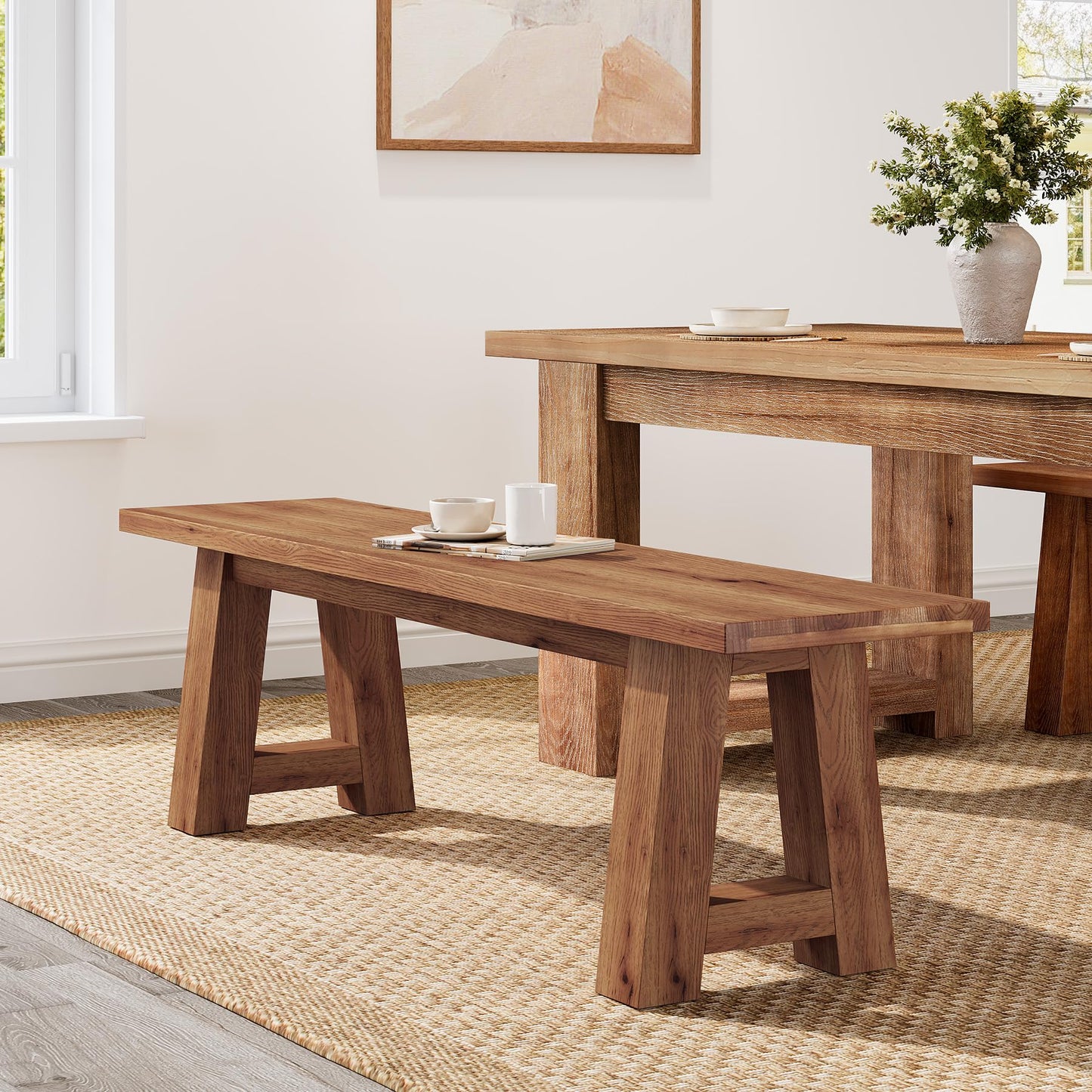 TRIBEWOOD Solid Wood Dining Bench with A-Shaped Legs, 55.12-Inch Farmhouse Entryway Bench Indoor for Hallway, Kitchen, Dining Room, Living Room (Brown)