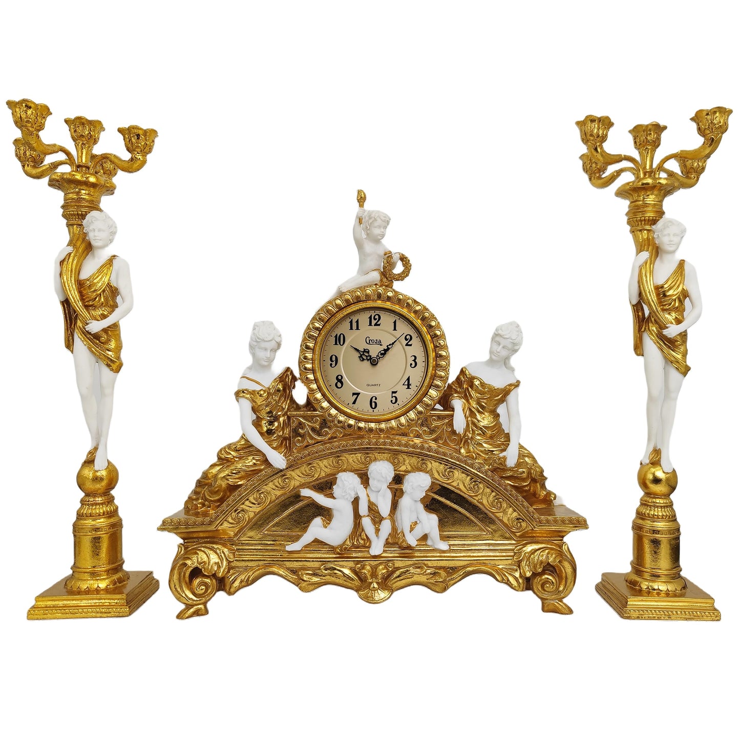 GENUINQ Clock Ornate Rococo Style Mantel Clock with Candelabras Candle Holders Gold for Home Decor