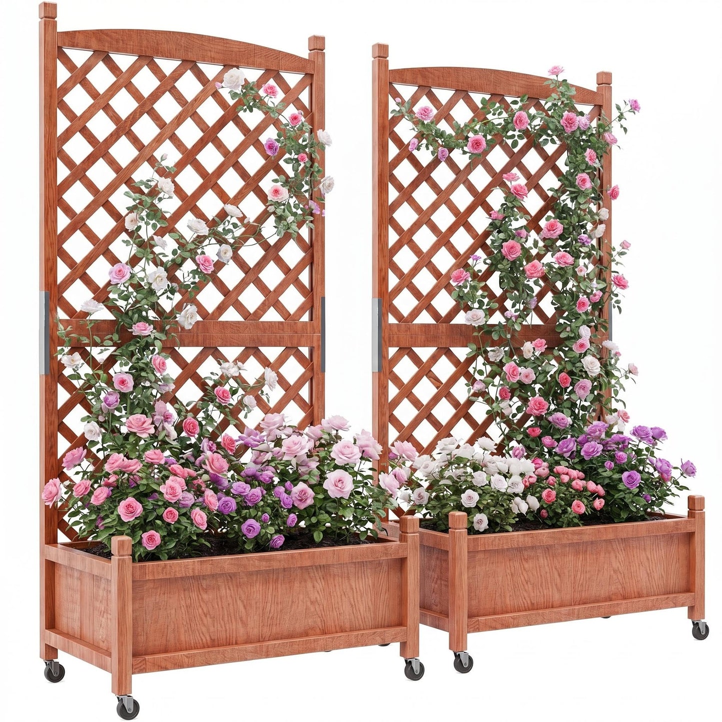 ActiveTrail 2 PCS Raised Garden Bed with Trellis, 61.5" Wooden Planter Box Outdoor with Drainage Holes and Locking Wheels, Privacy Planters for Patio, Climbing Plants, Vegetables, Balcony & Yard