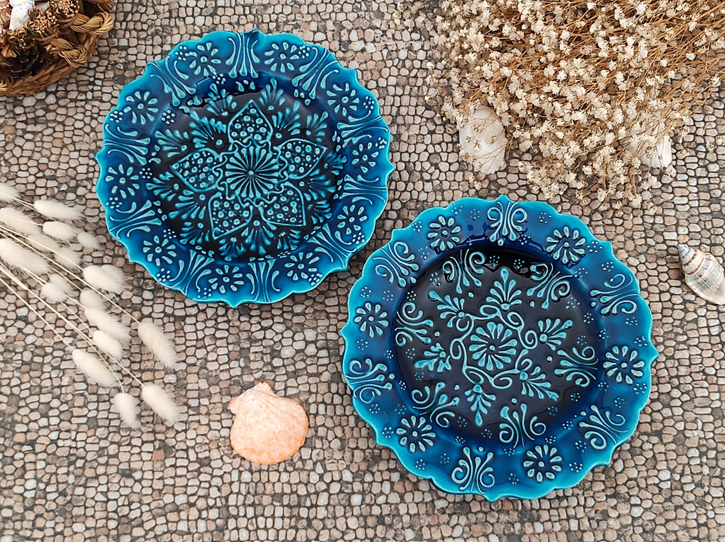 Ayennur Turkish Decorative Plate Set of 2-7.08''(18 cm) Handmade Ceramic Ornament for Home Hanging Wall Decor