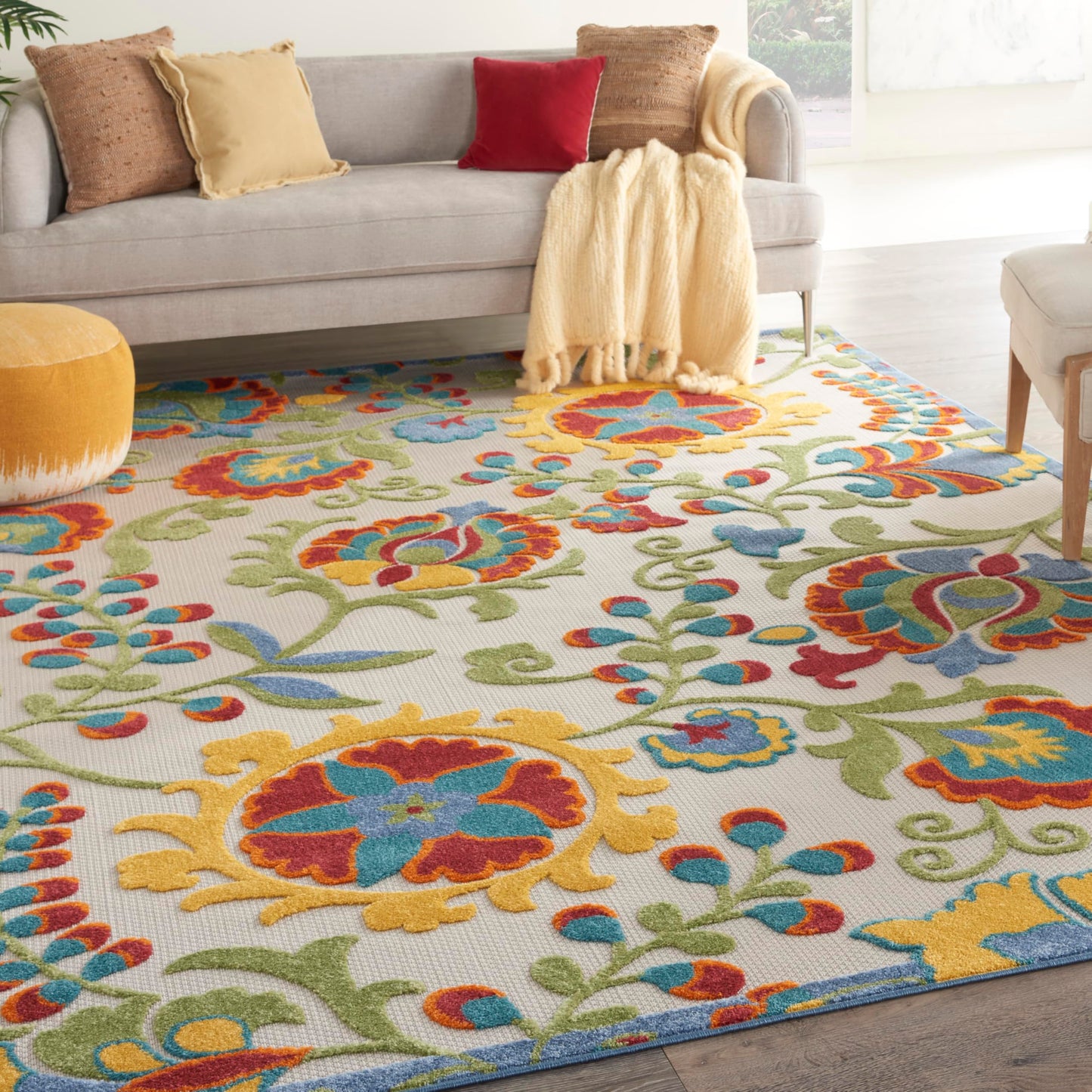 Nourison Home Aloha Ivory Multicolor 9' x 12' Area Rug - Easy Clean, Non Shedding, Bed Room, Living Room, Dining Room, Kitchen (9' x 12')