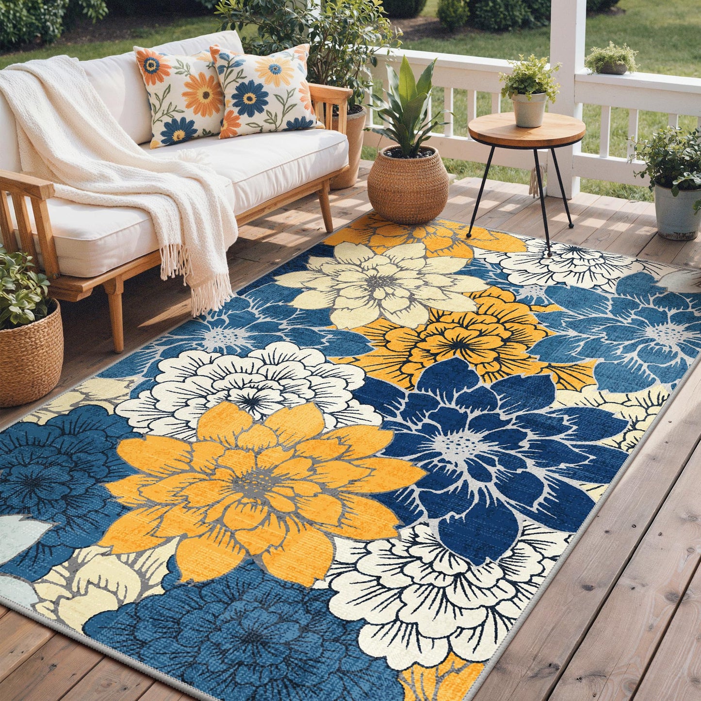 GENIMO Indoor Outdoor Area Rug 5'x8', Machine Washable Rugs for Patio, Waterproof, Non-Slip Easy Cleaning Floral Outdoor Mat Carpet for Living Room, Bedroom, RV, Balcony, Deck, Camping, Navy Blue