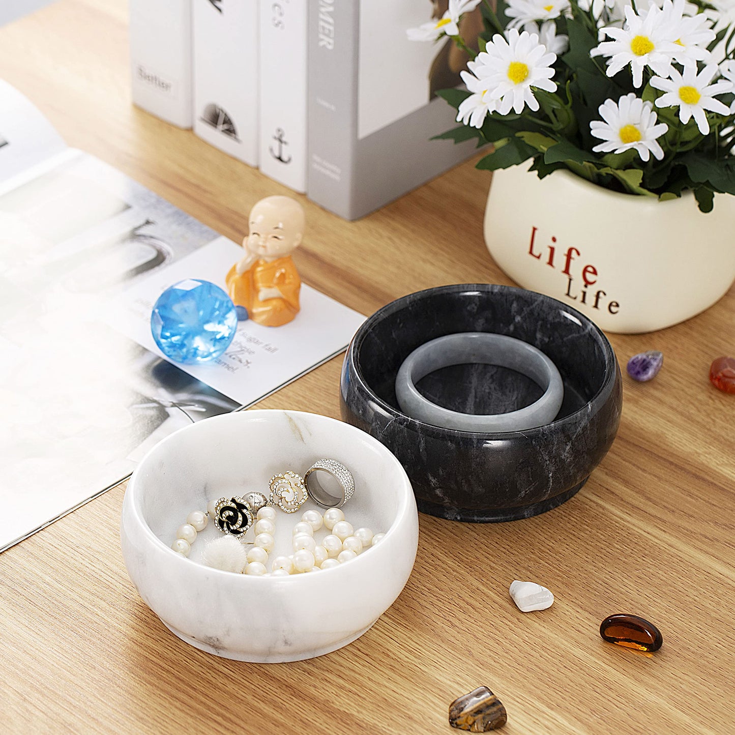 4.72 Inch Natural Marble Jewelry Dish, Mothers Day Gifts Small Decorative Bowl Ring Dish Trinket Holder Key Catchall Bowls, Vanity Tray for Display Home Decor Wedding Gift(White & Light-grey)