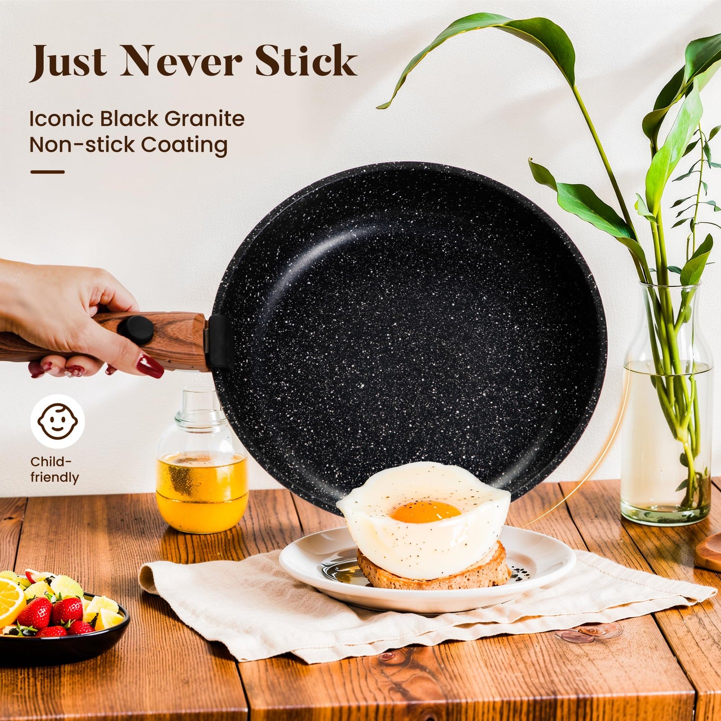 Kitchen Academy Removable Handle Induction Pots and Pans Set - 10 Piece Non-stick Cookware Sets, Black Granite Stackable RV Cookware for Camp