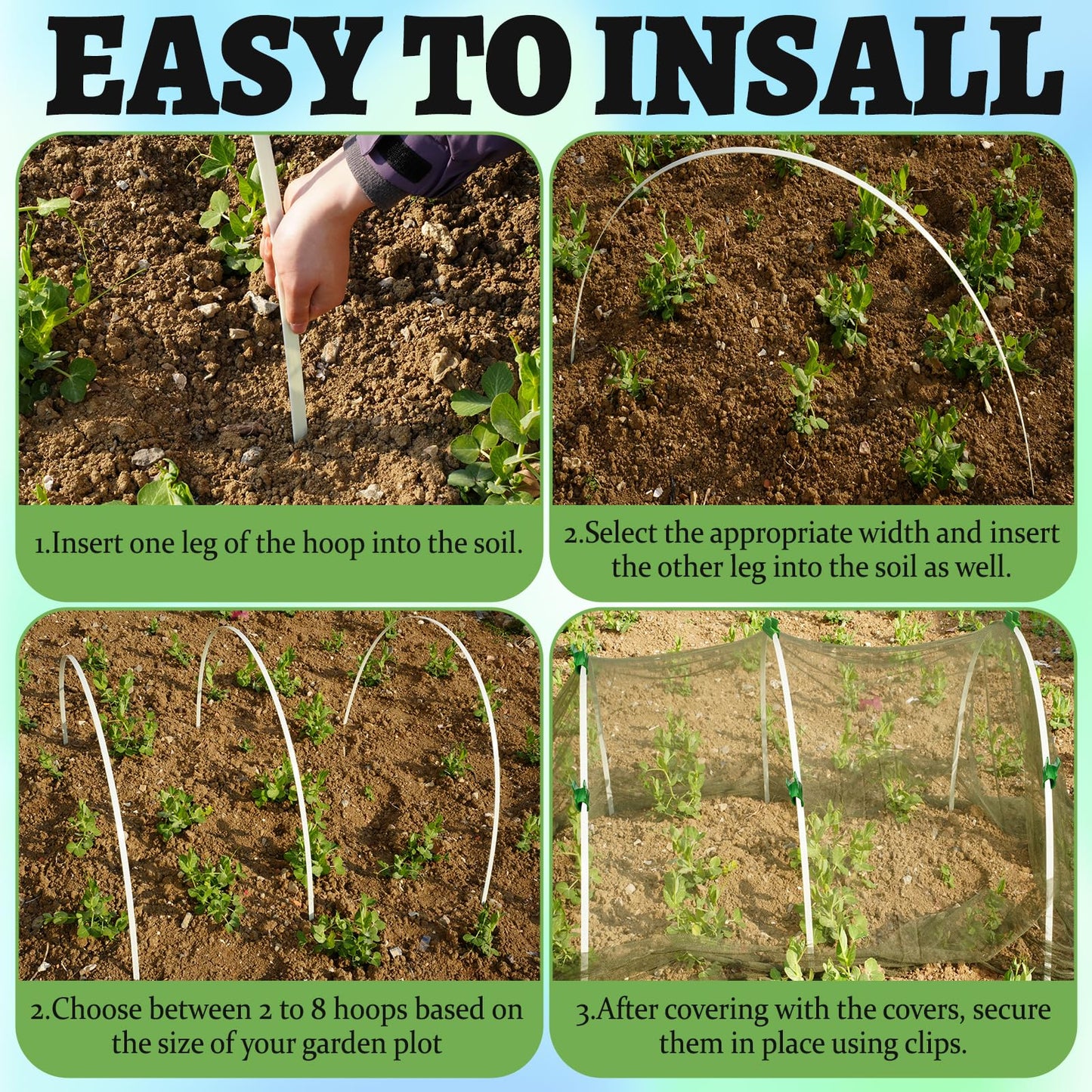 8-Pack Fiberglass Garden Hoops - High Flexibility Never Rust Bending Hoops with 24 Clips & Gloves for Raised Beds, Low Tunnels, Row Covers, Frost Protection & Pest Control (Fits 2-4 ft Wide Beds)