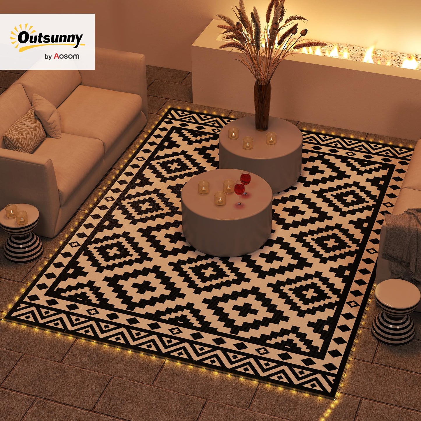 Outsunny Reversible Outdoor Rug Carpet, 12' x 9' Waterproof PP Plastic Straw Rug, Portable RV Camping Mat with LED String Lights, Floor Mat Area, Black and White