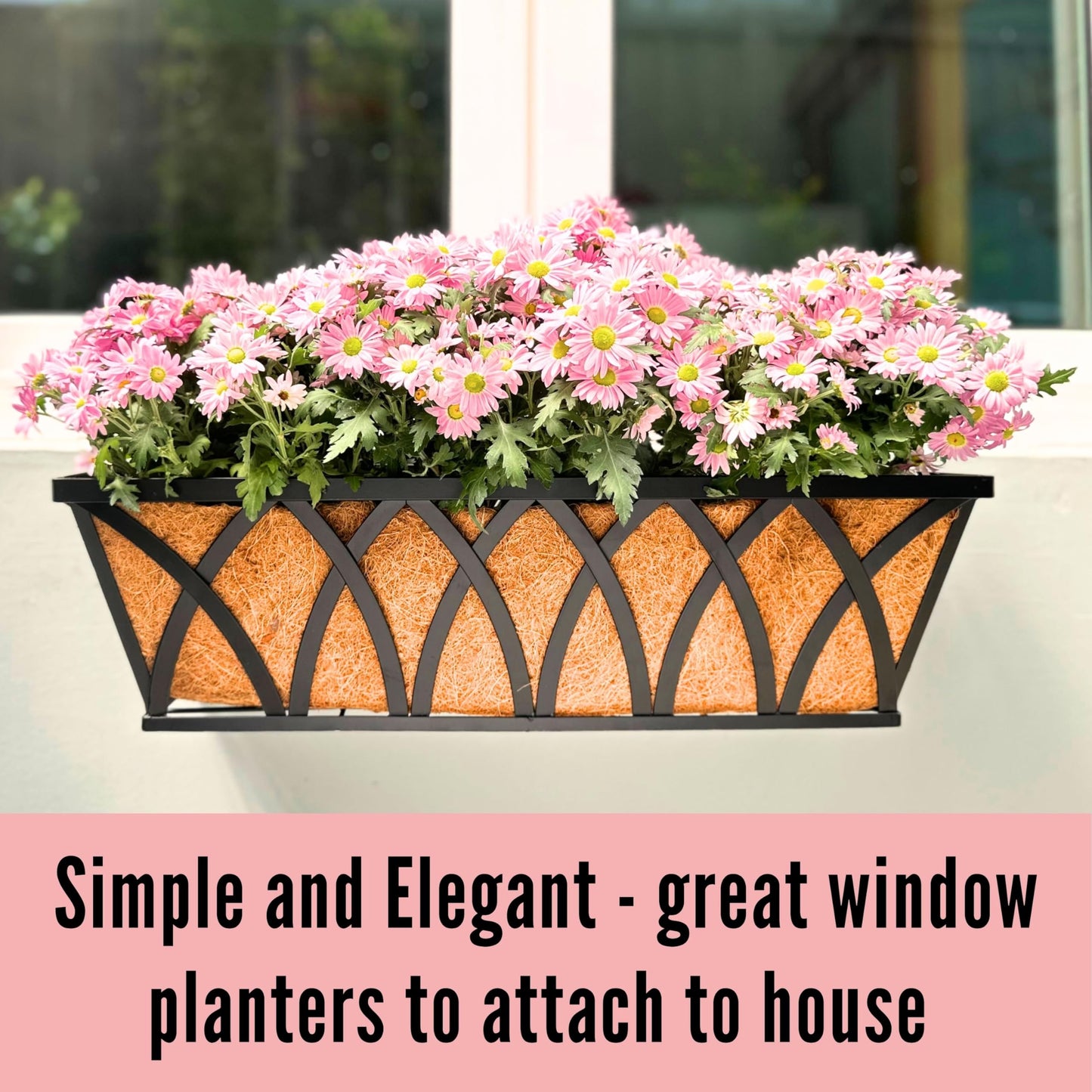 LaLaGreen Wall Planters (2 Pack, 36 Inch) Black Metal Rectangular Hanging Window Planter Box with Coco Liner Attach House Outdoor, Flower Basket Plant Holder Deck Railing Patio Porch Balcony Fence