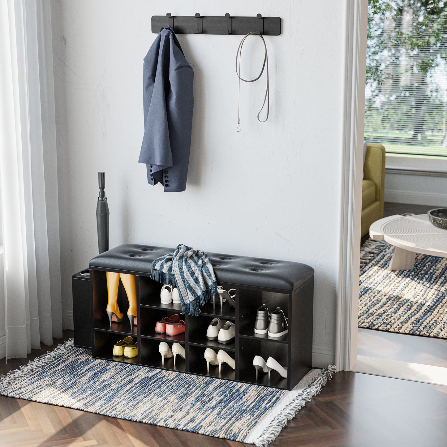IRONCK Shoe Bench, Ten Cubbies Storage Entryway Bench with PU Leather, Cubby Shoe Rack Organizer with Adjustable Shelves for Living Room, Bedroom, Black