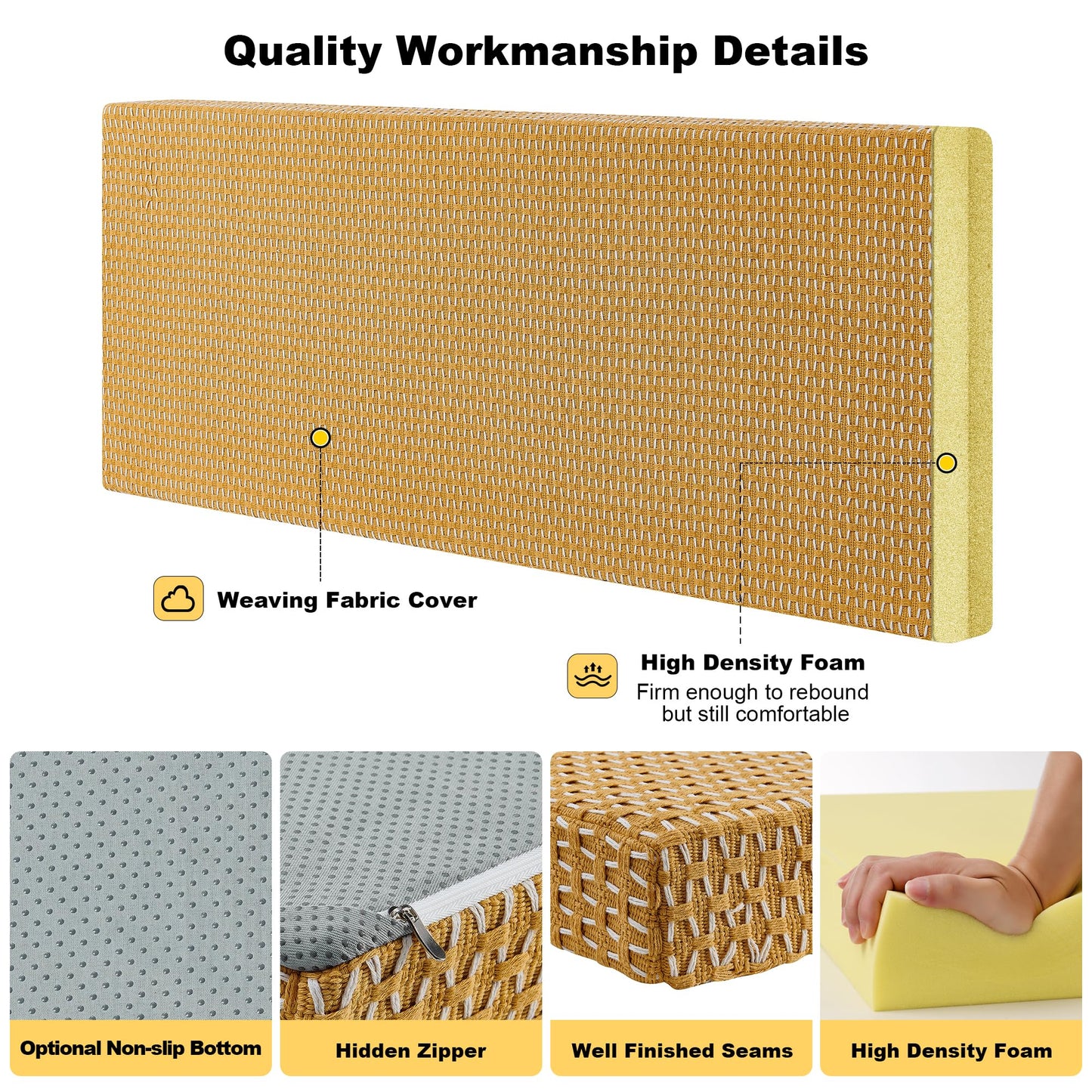 Custom Window Bench Seat Cushion Heavy Wicker Weaving Texture Customized Bay Window Sill Seating Foam Cushions for Indoor Furniture, Mudroom Entryway, Reading Kitchen Breakfast Nook, Non Slip Bottom