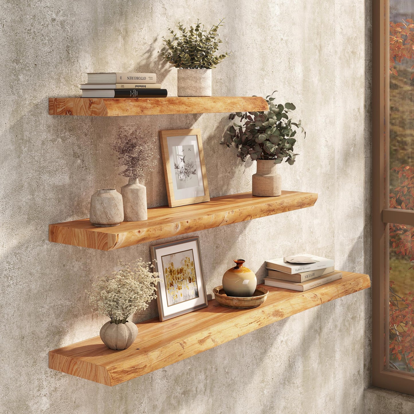 Realgulf Floating Shelves Set of 2, Solid Elm Wood Wall Shelves 24 Inch - Invisible Bracket Mount for Living Room, Bedroom, Kitchen, Bathroom - Natural