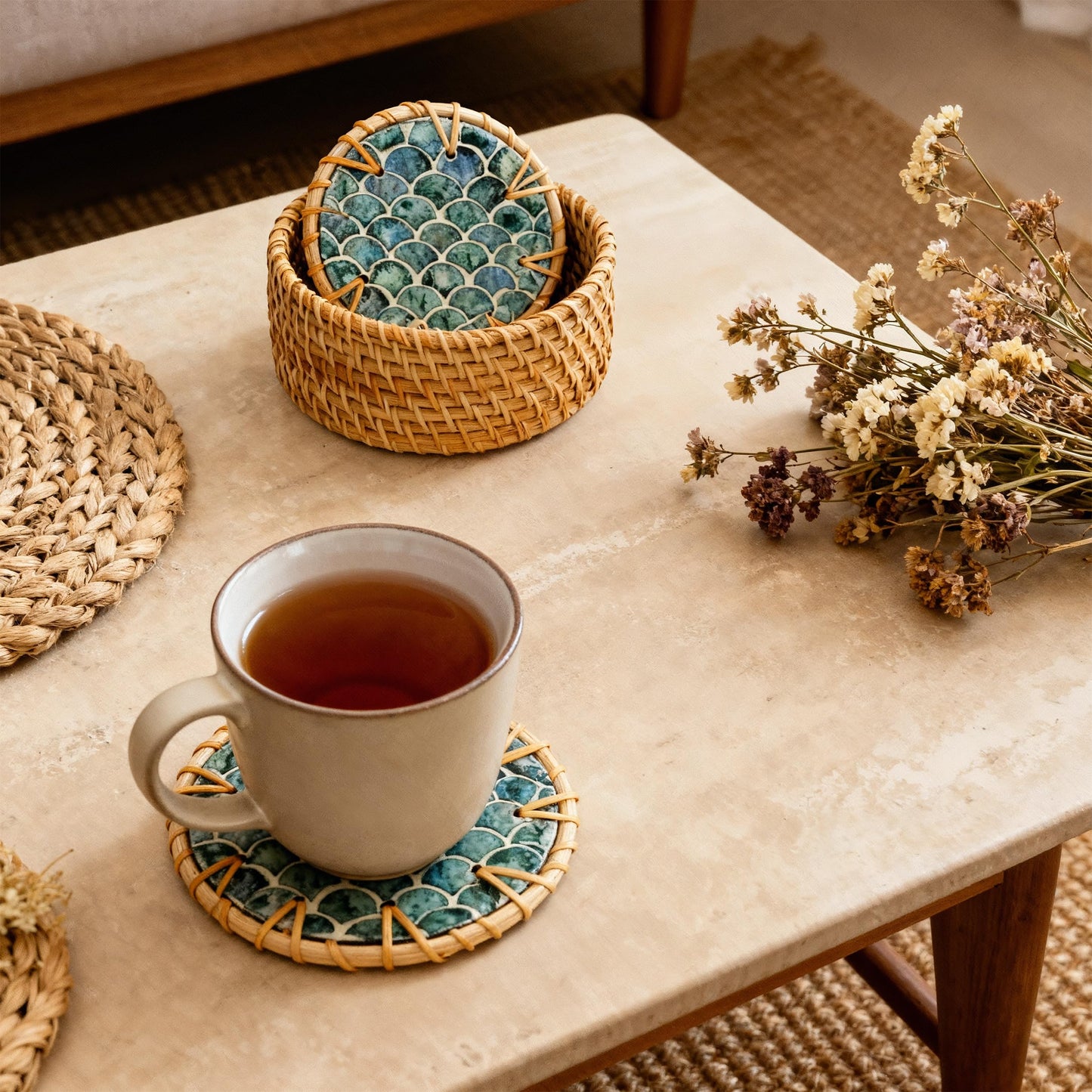 JUNGLE CULTURE Mother of Pearl Rattan Coasters for Drinks with Holder • Handmade Round Coaster Set of 6 • Sustainable Wicker Homeware • Coffee Table, Mugs, Glasses, Tiki Cups • Coastal Boho - Cascade