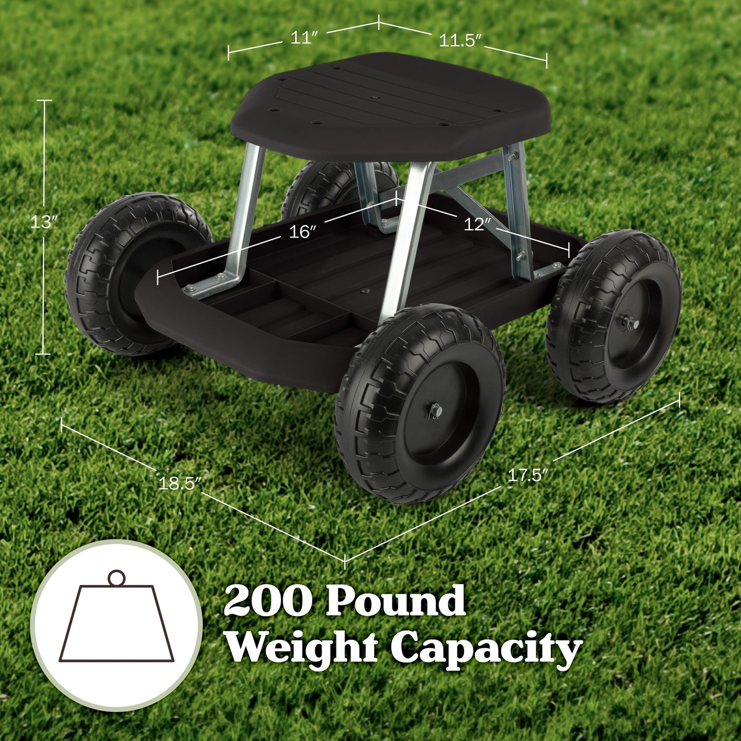 Gardening Stool - Rolling Garden Seat with Wheels and Storage Tool Tray - Garden Cart Scooter - Yard Tools by Pure Garden (Black)